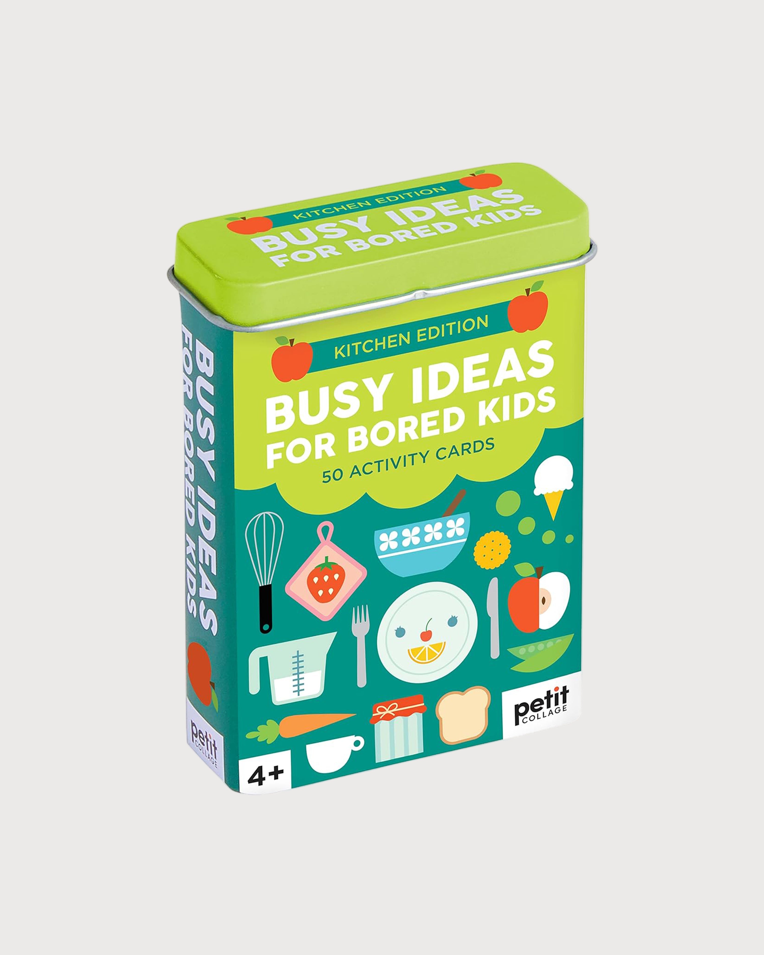 Green colour tin box with food and tools illustrations on it