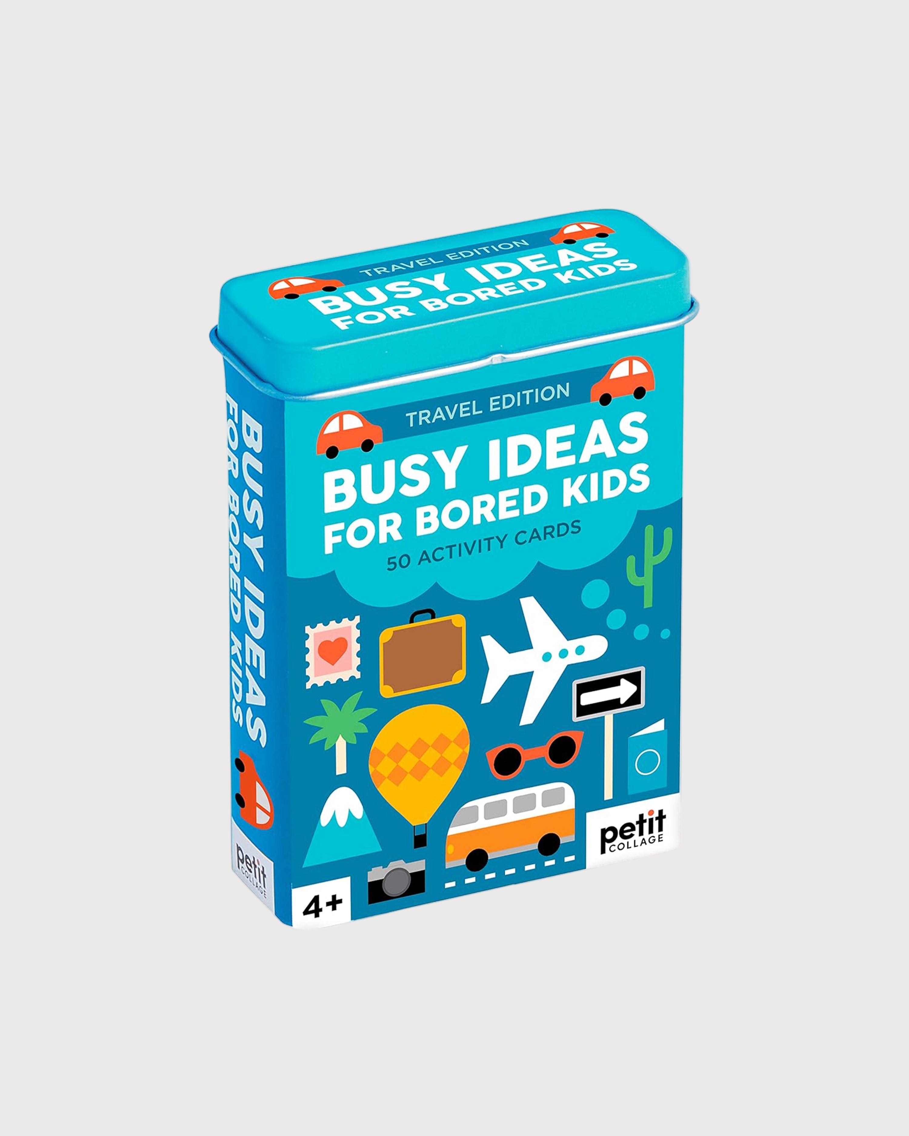 A boxed card game 'Busy Ideas for Bored Kids' by Petit Collage, featuring various playful illustrations related to travel and activities, indicating it is a travel edition with 50 cards.