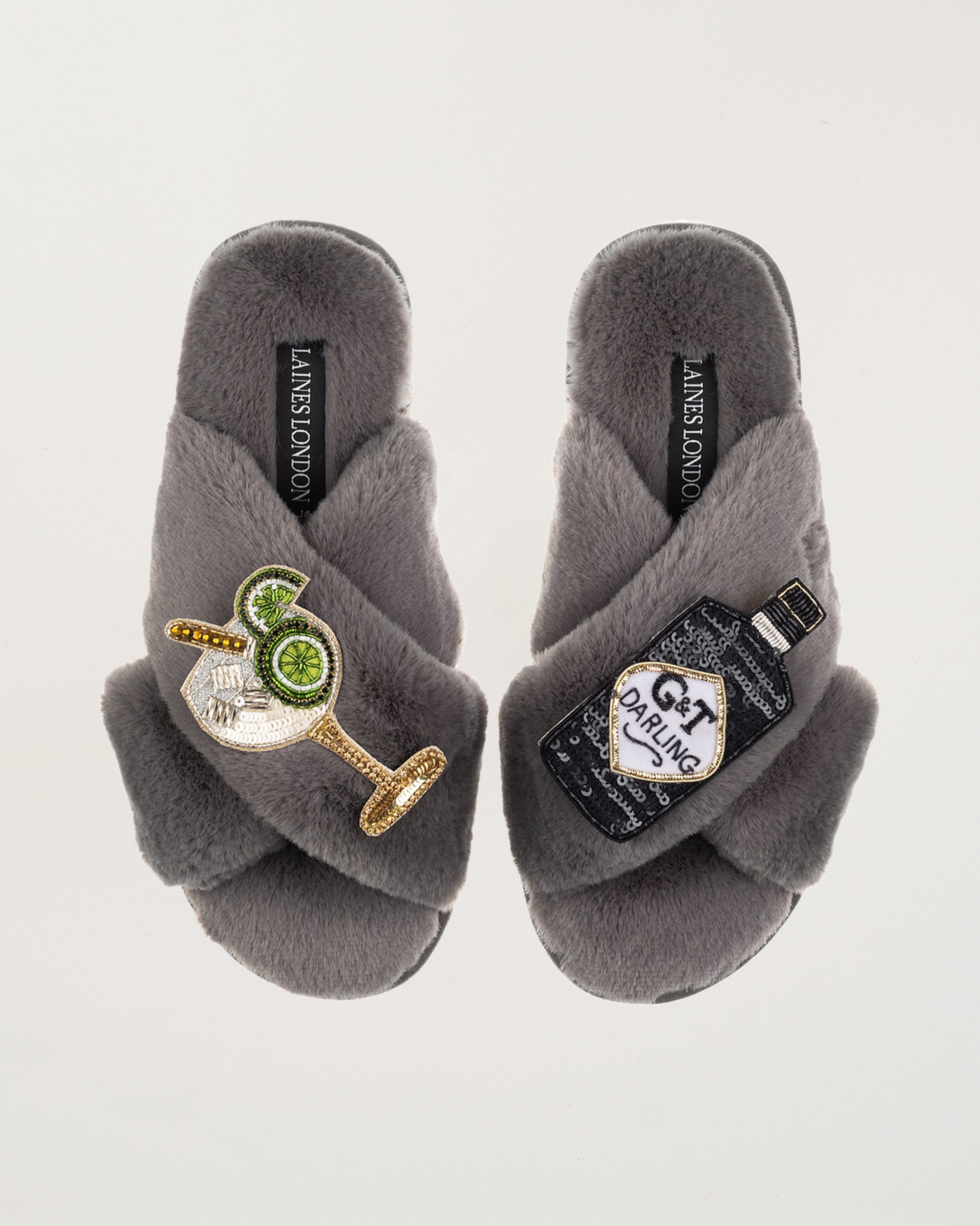 Classic Slippers With Botanical Gin & Glass Brooches Grey