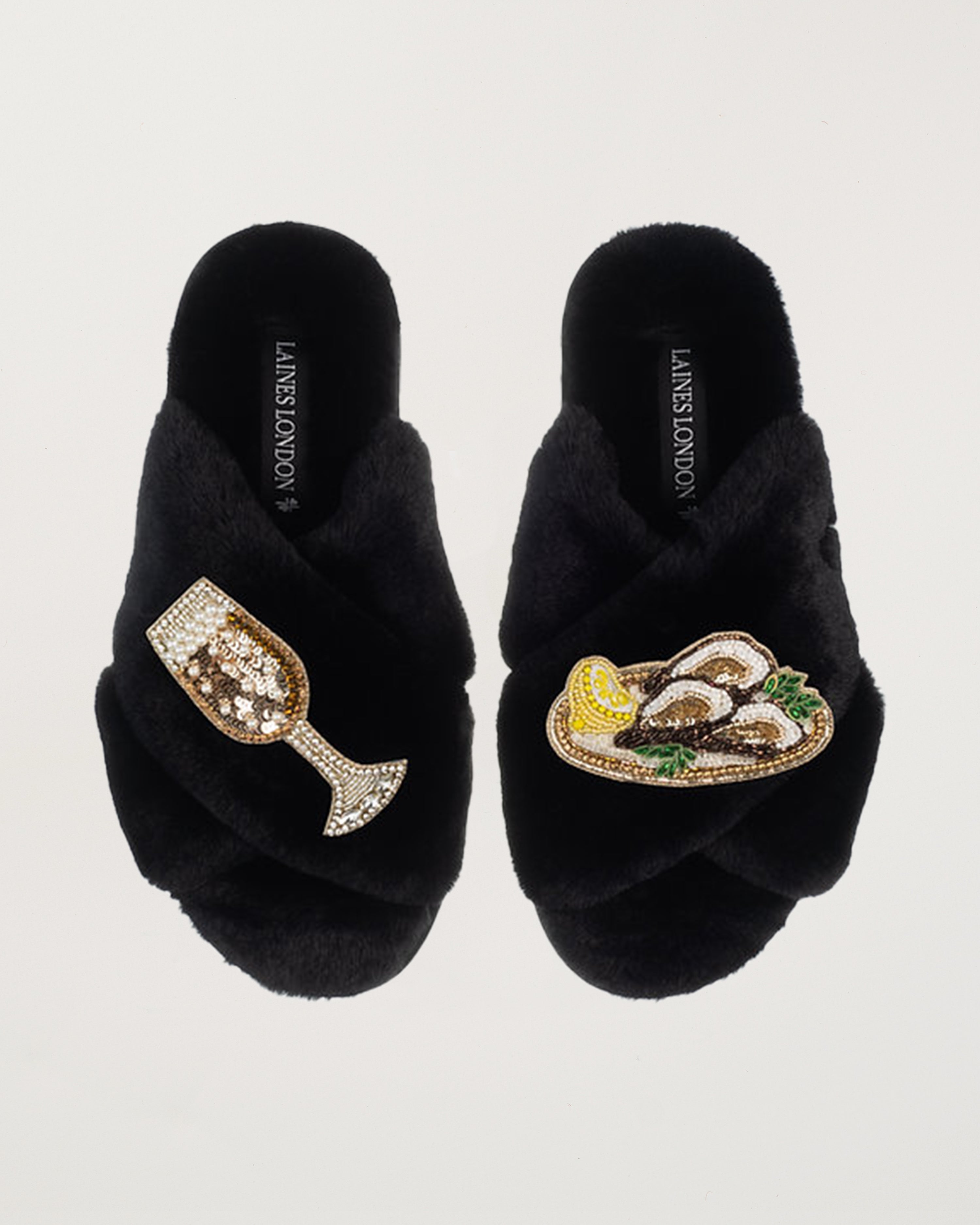 Classic Slippers With Oysters & Glass Of Fizz Brooches Black