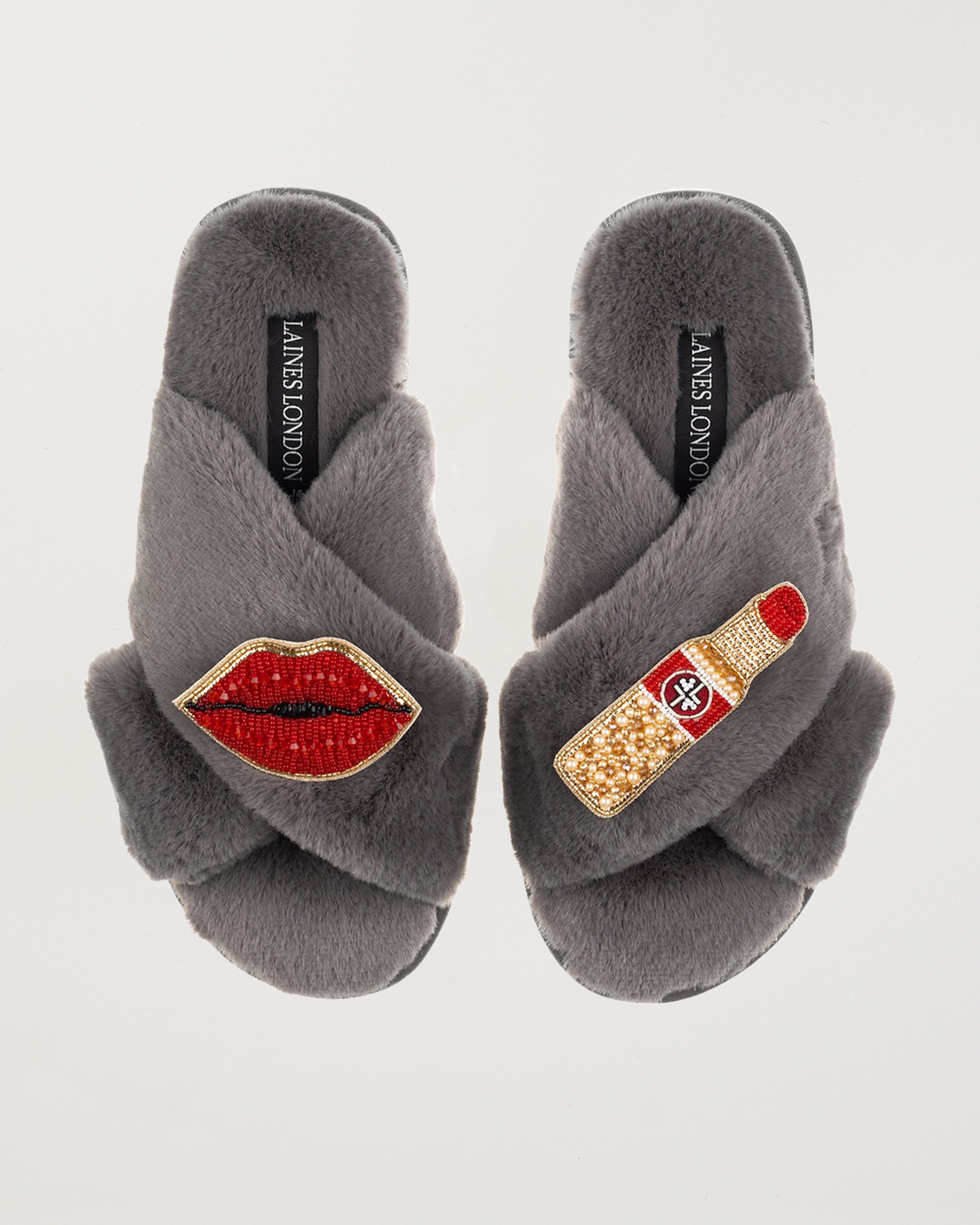 Classic Slippers With Red Lipstick & Lips Brooches Grey