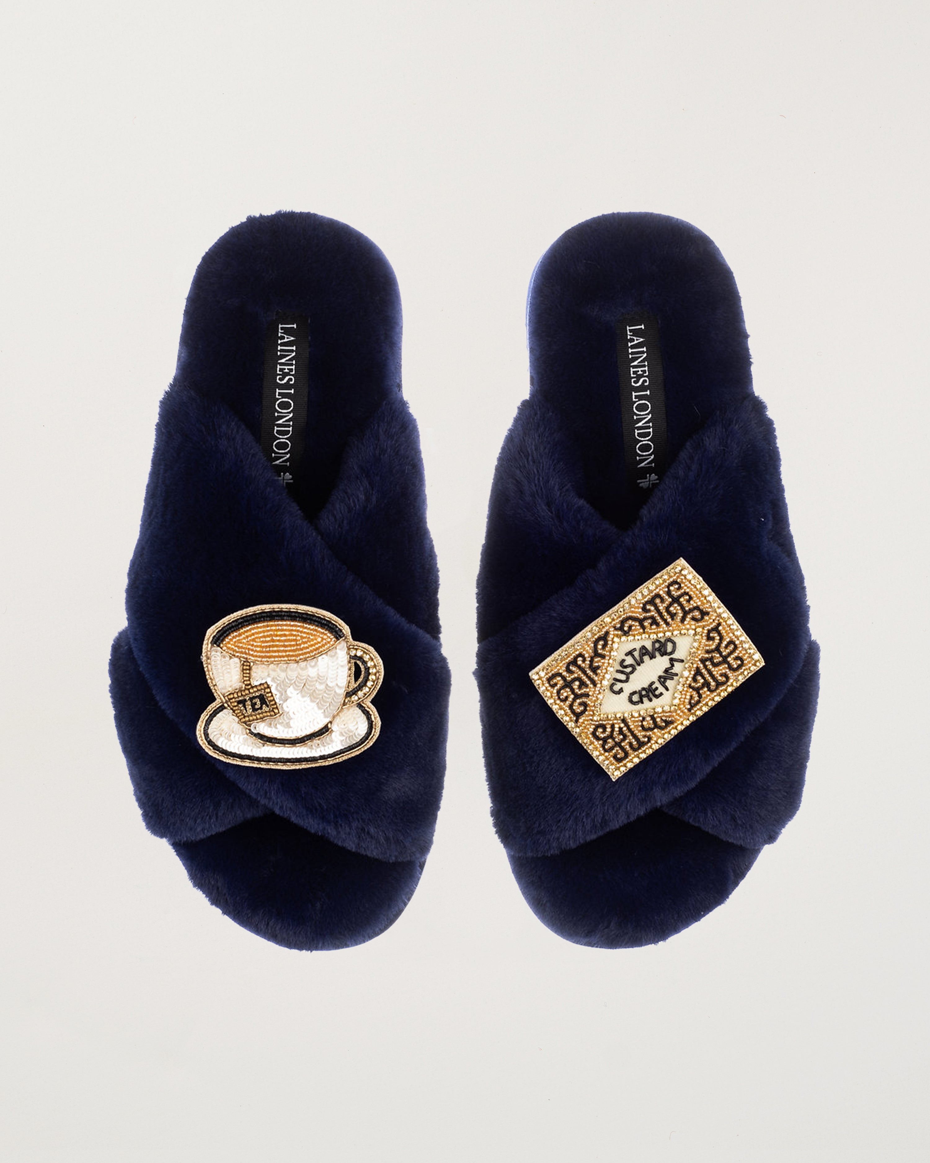 Classic Slippers With Tea & Biscuit Brooches Navy