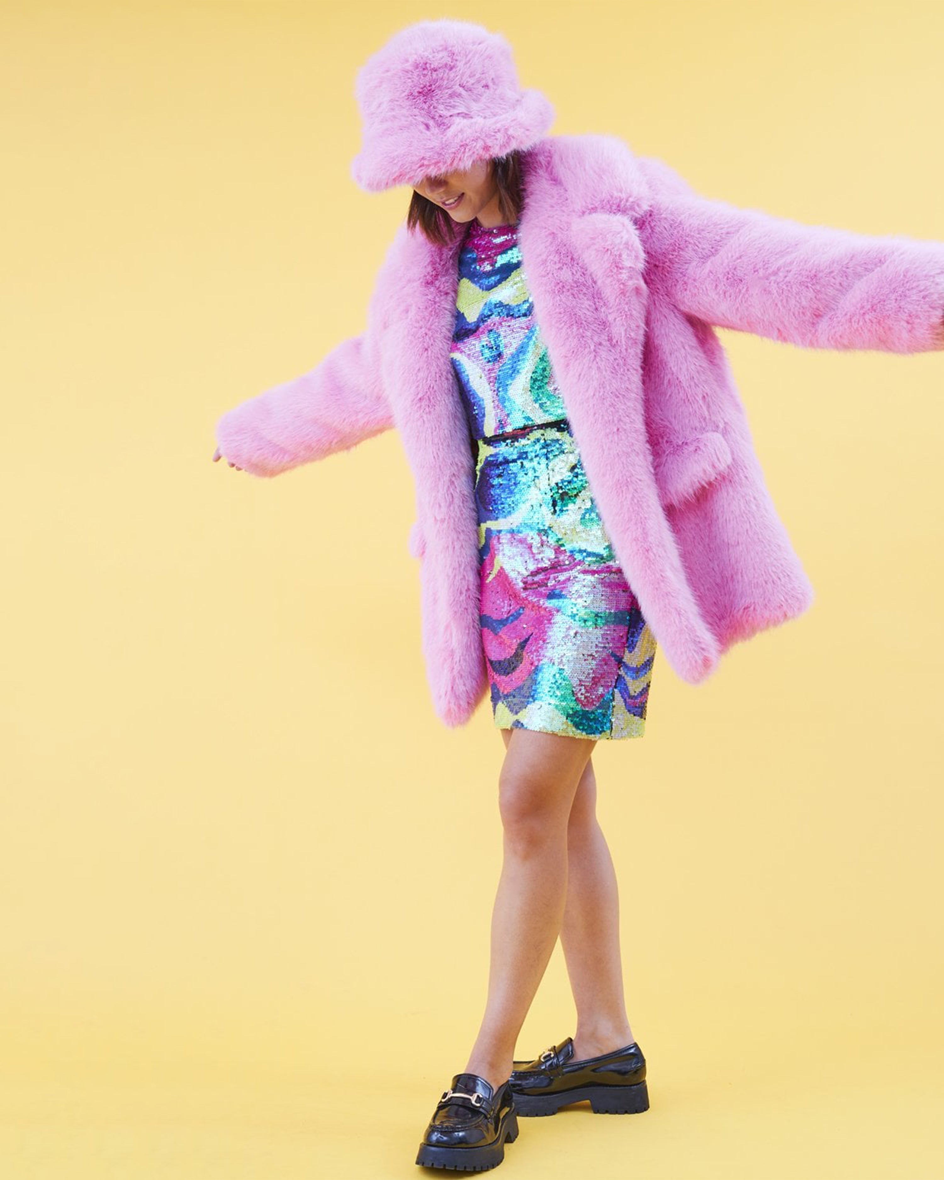 Faux Fur Baby Pink Midi Coat