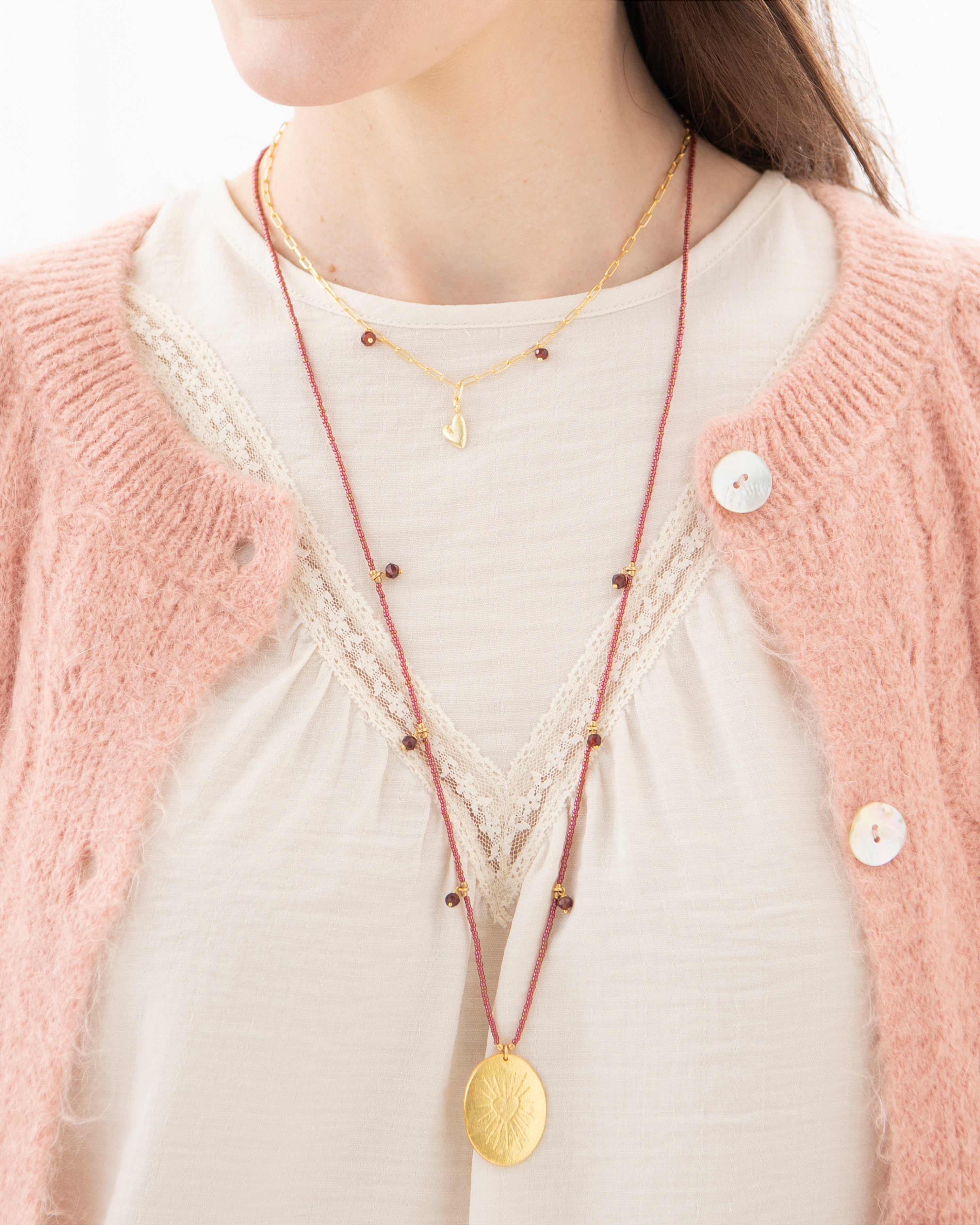 Feminine Garnet Gold Necklace/Heart