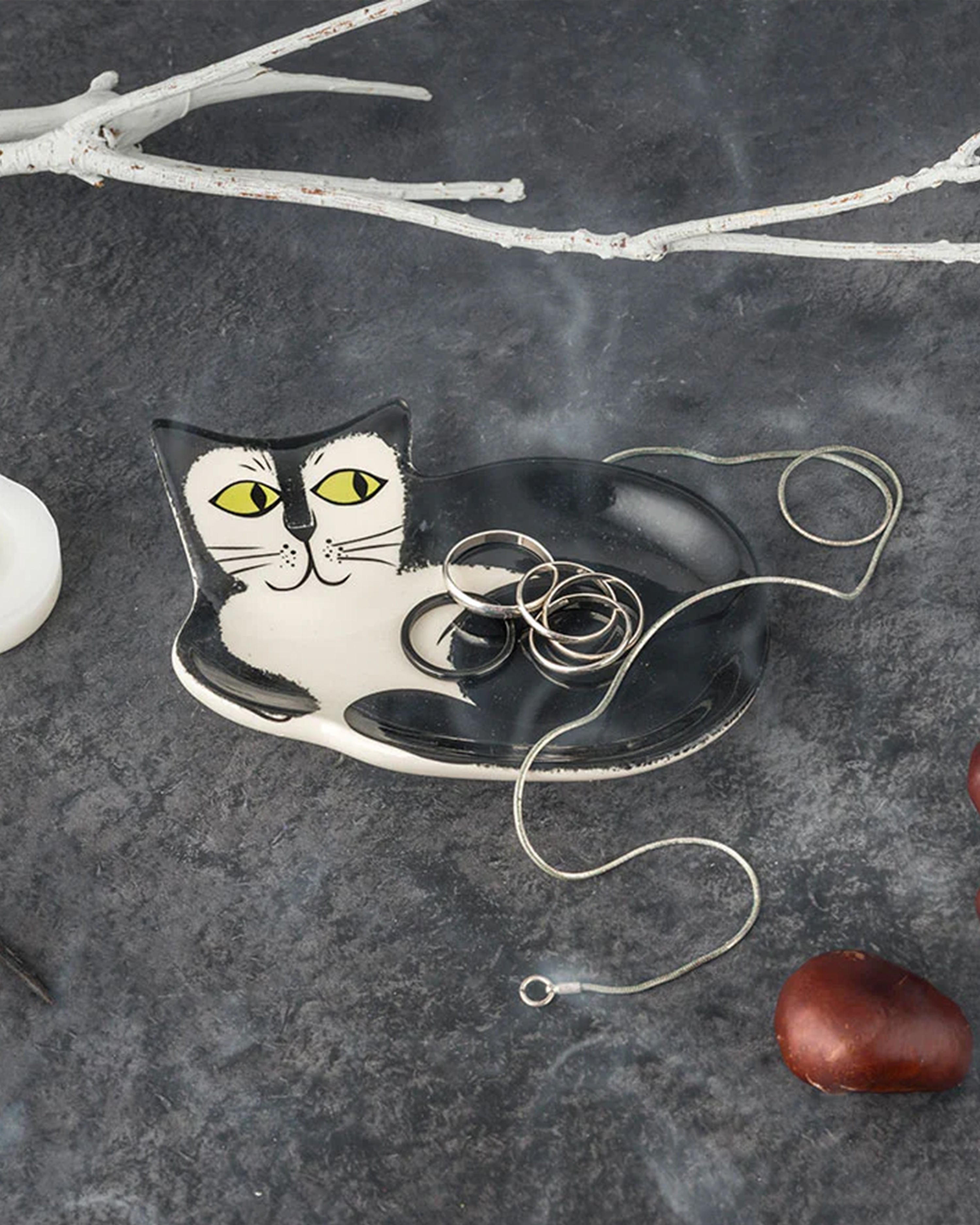 Handmade Ceramic Black and White Cat Trinket Dish