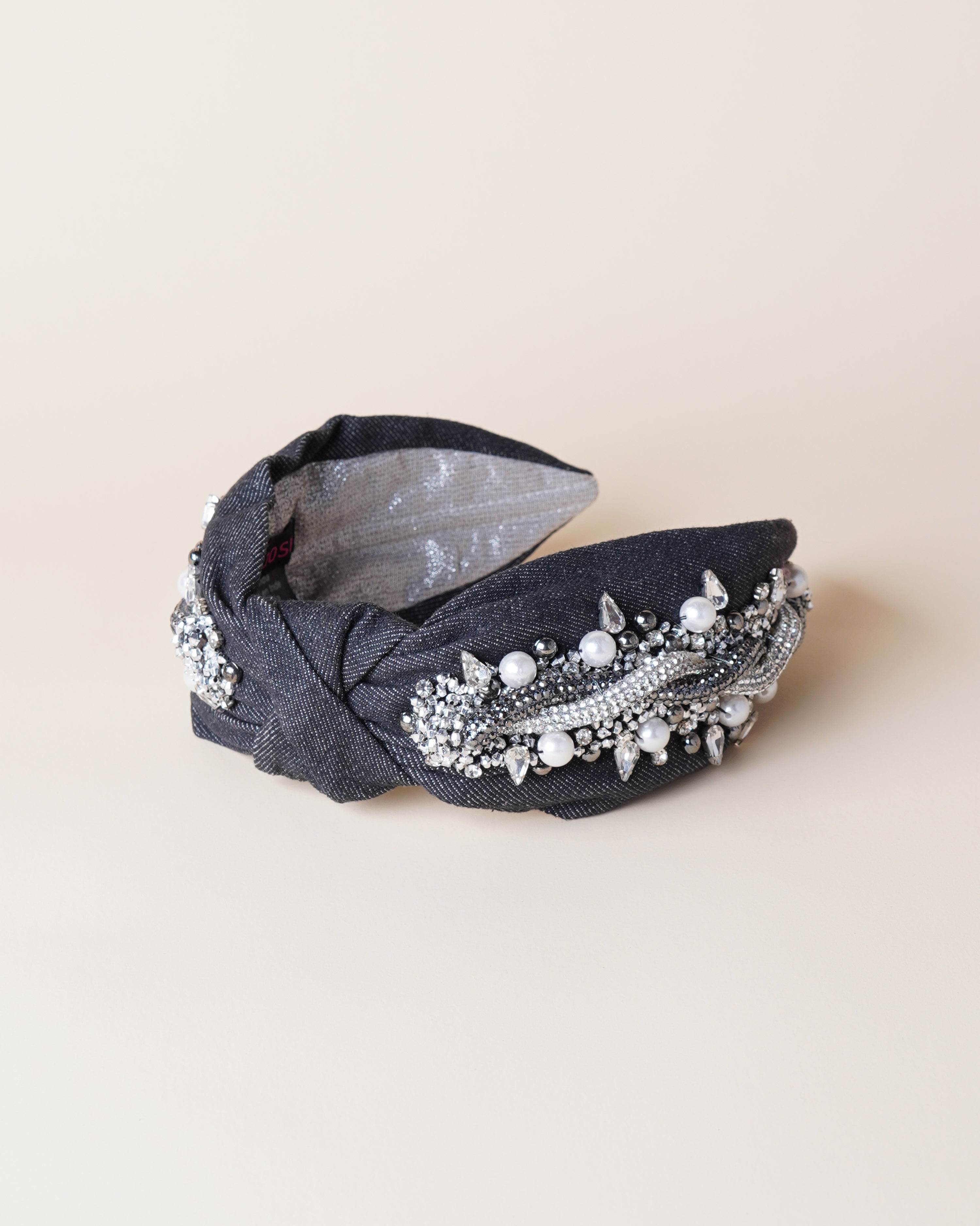 Headband Pearls & Gems/Denim Cord