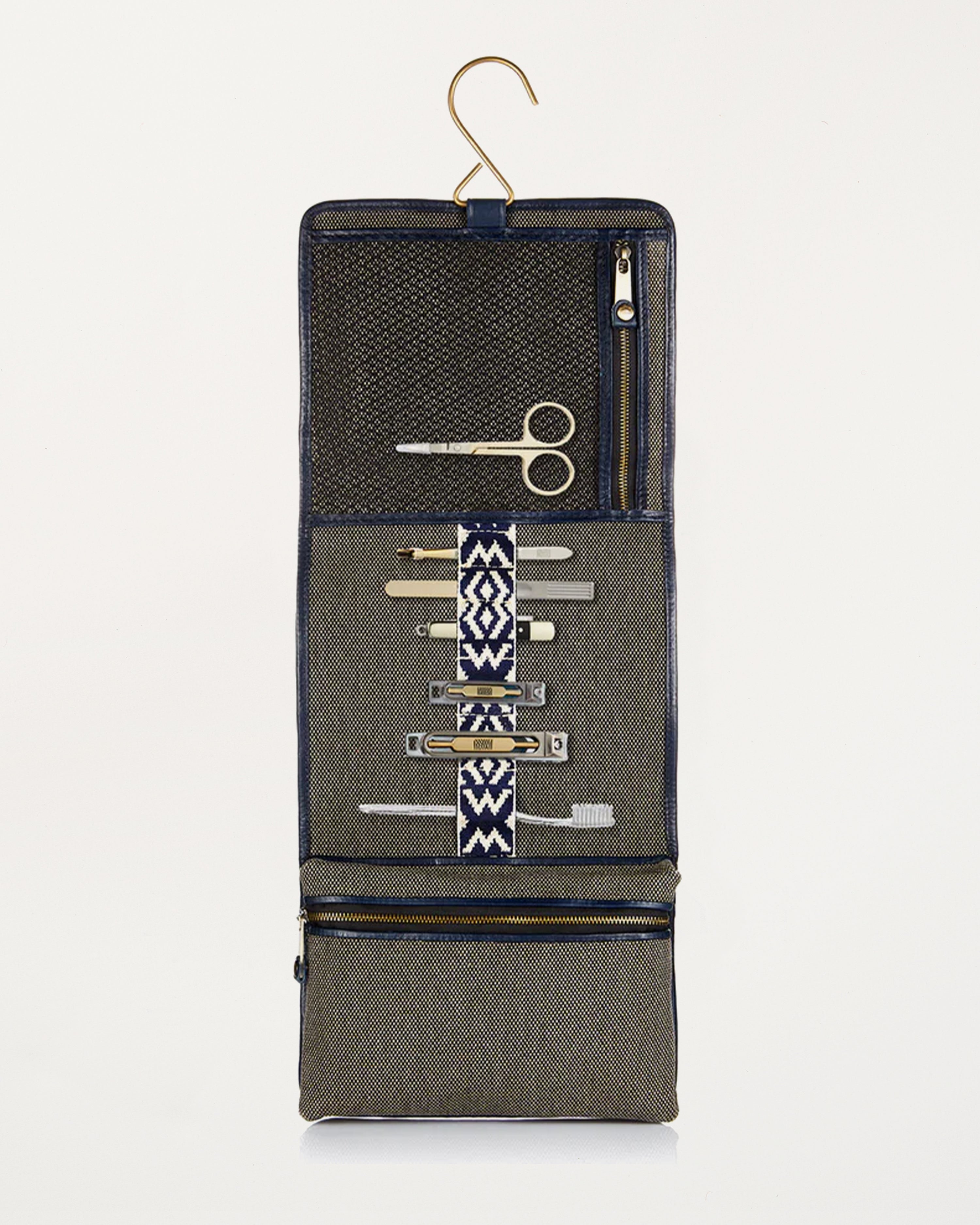 Herringbone Toiletry Wash Roll, Navy Blue