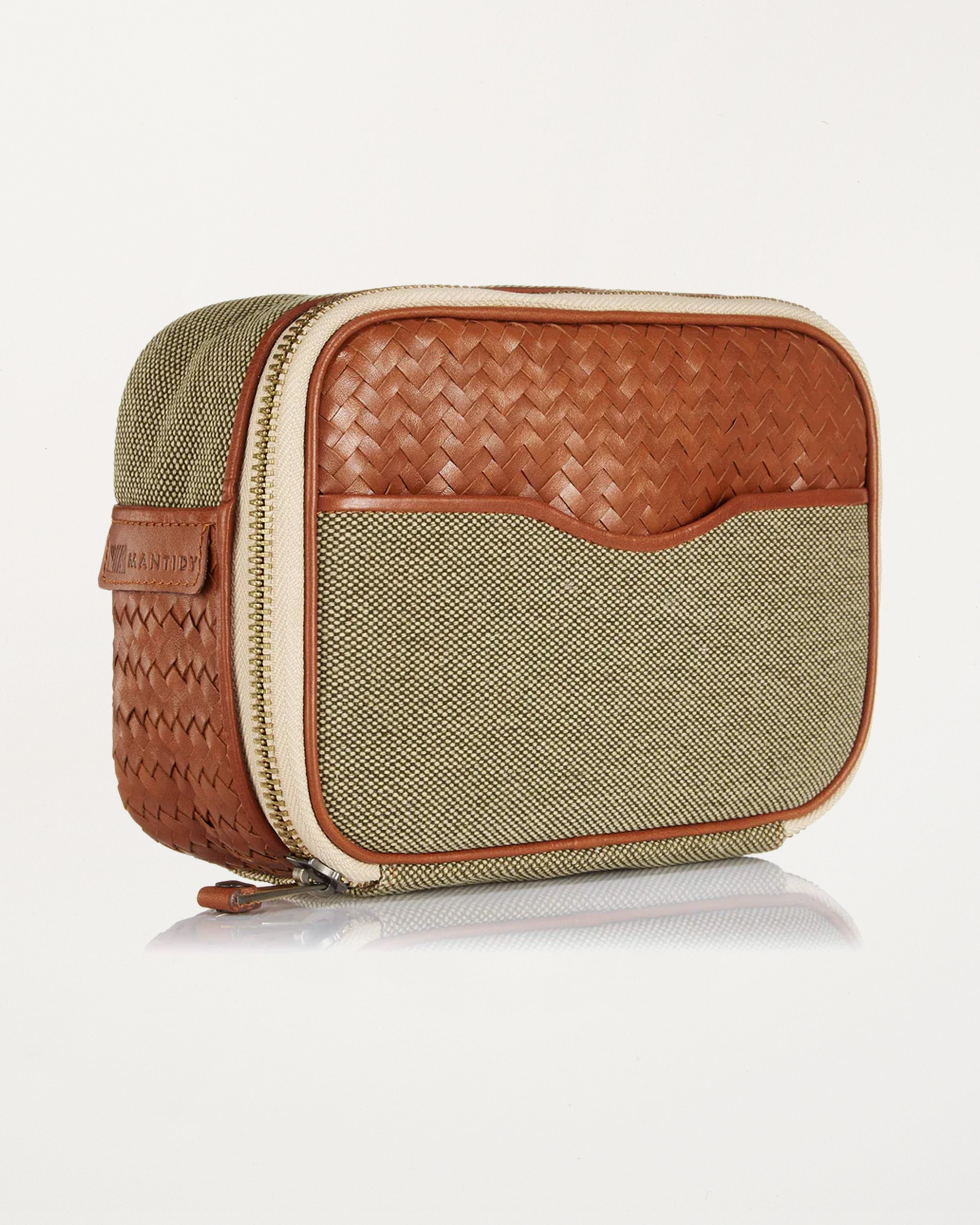 Herringbone Zip Around Toiletry Wash Bag, Tan