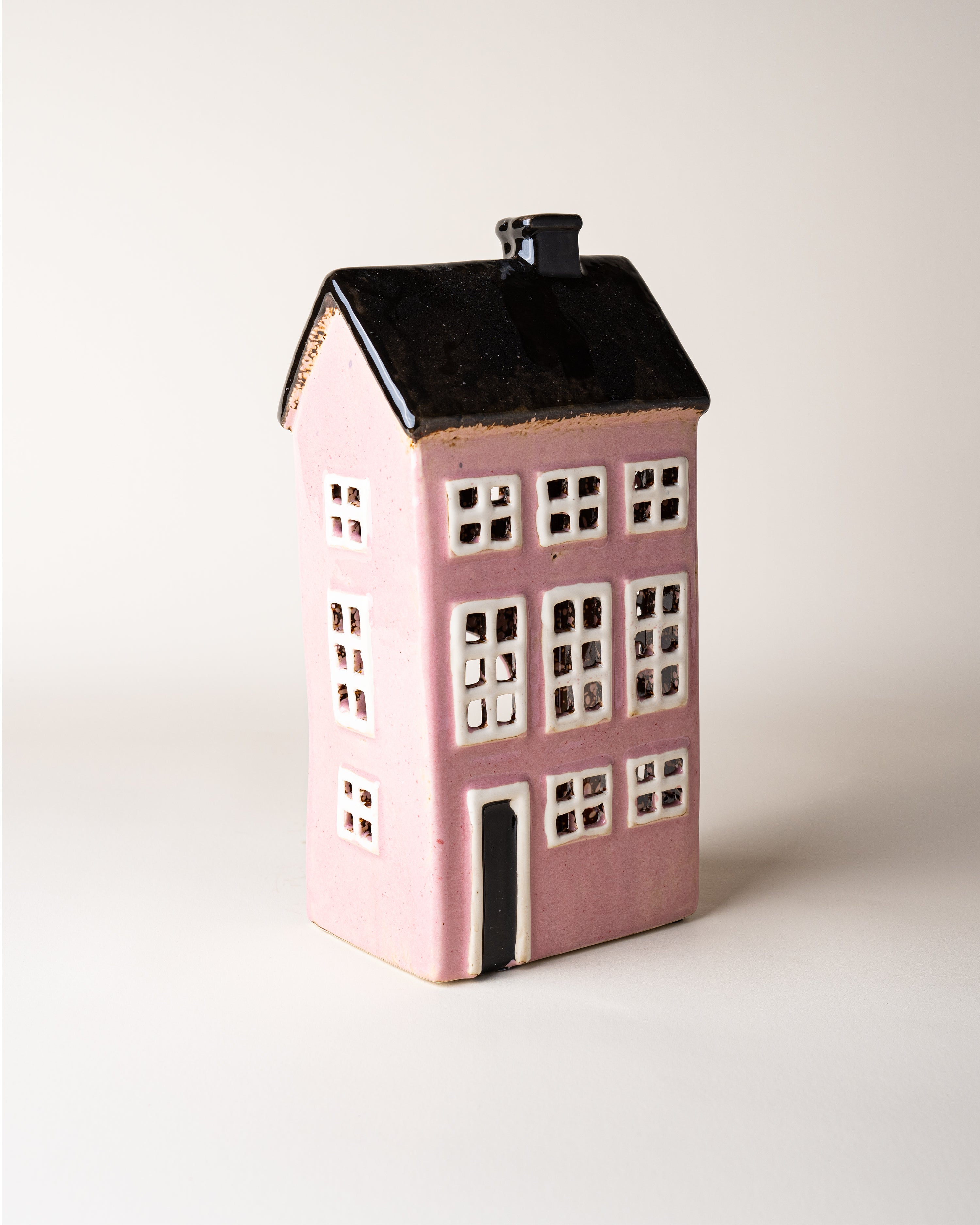 House Tealight Holder Pink/Black Roof