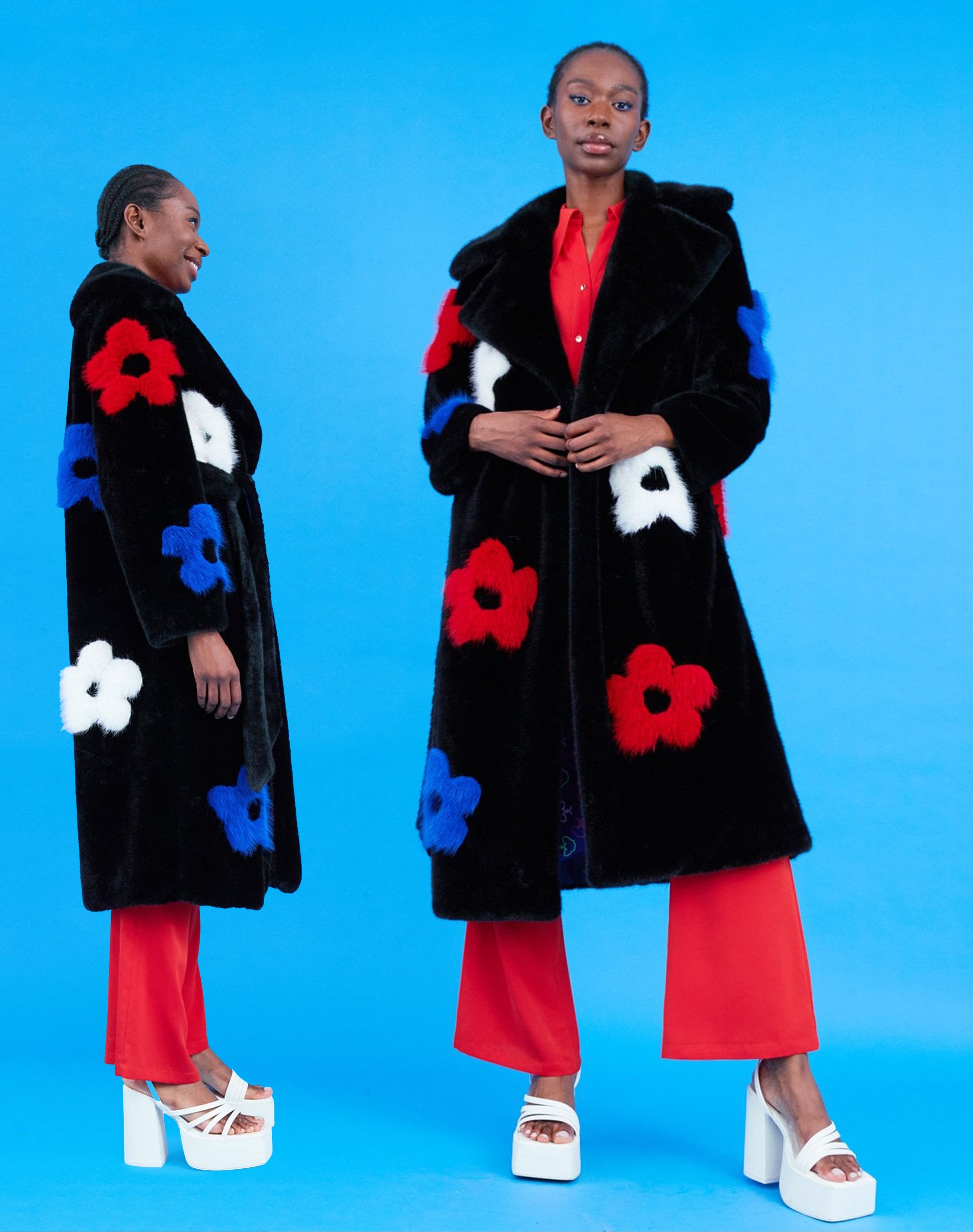 Eco Bamboo Faux Fur Coat with Flower Detailing