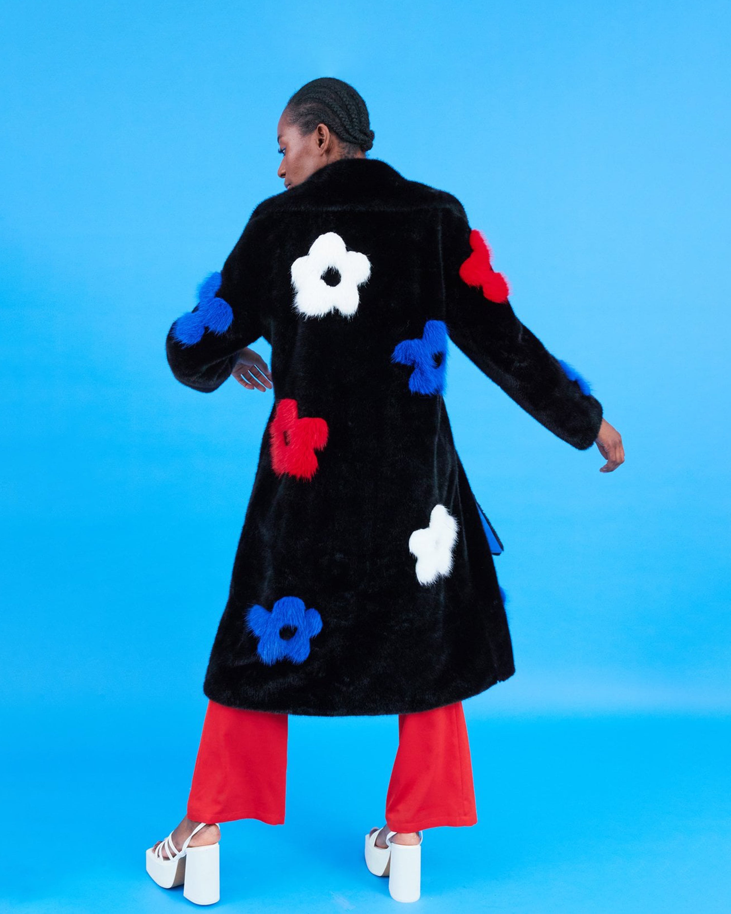 Eco Bamboo Faux Fur Coat with Flower Detailing
