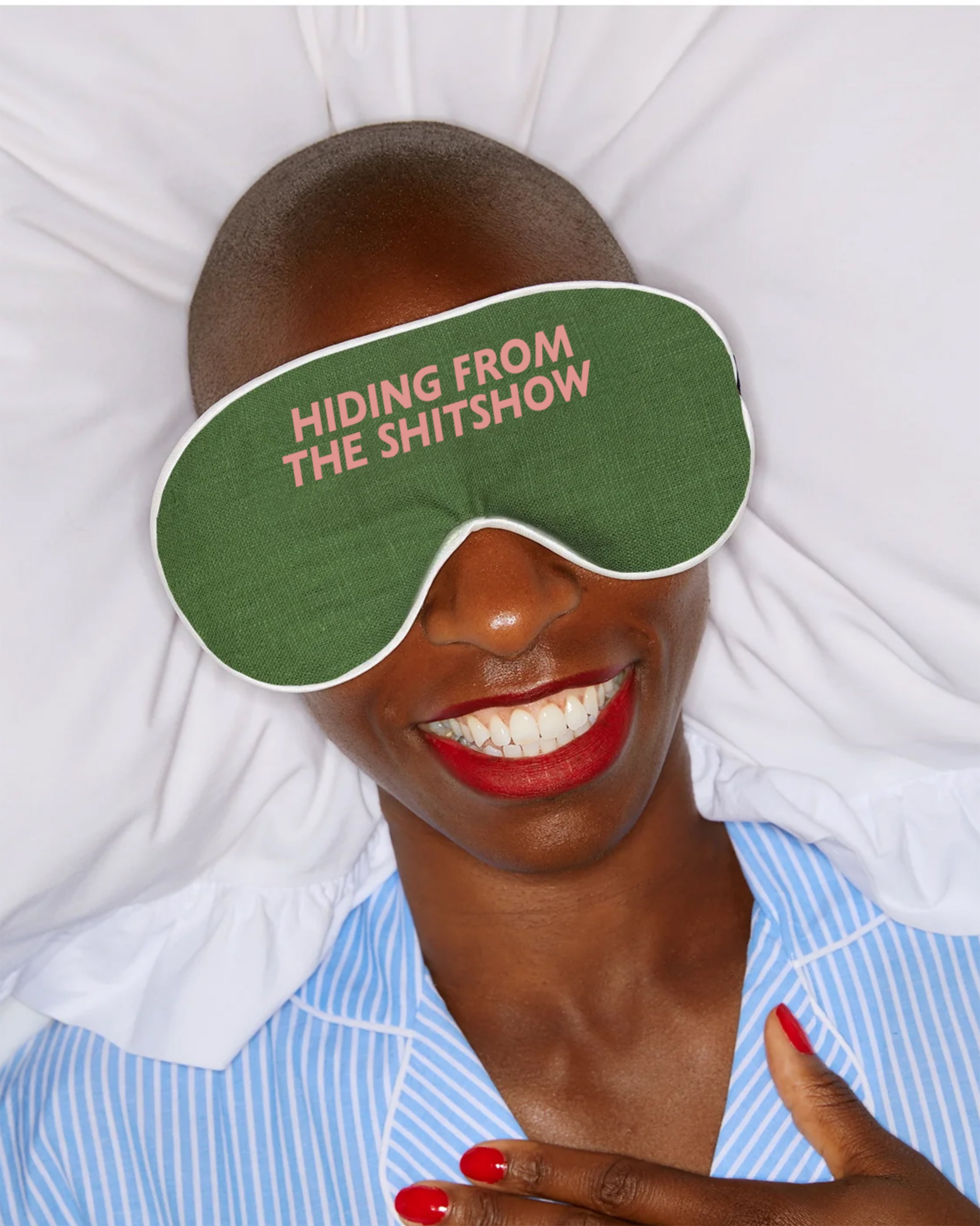 Linen Eye Mask Hiding from the Shit Show Green/Salmon Pink