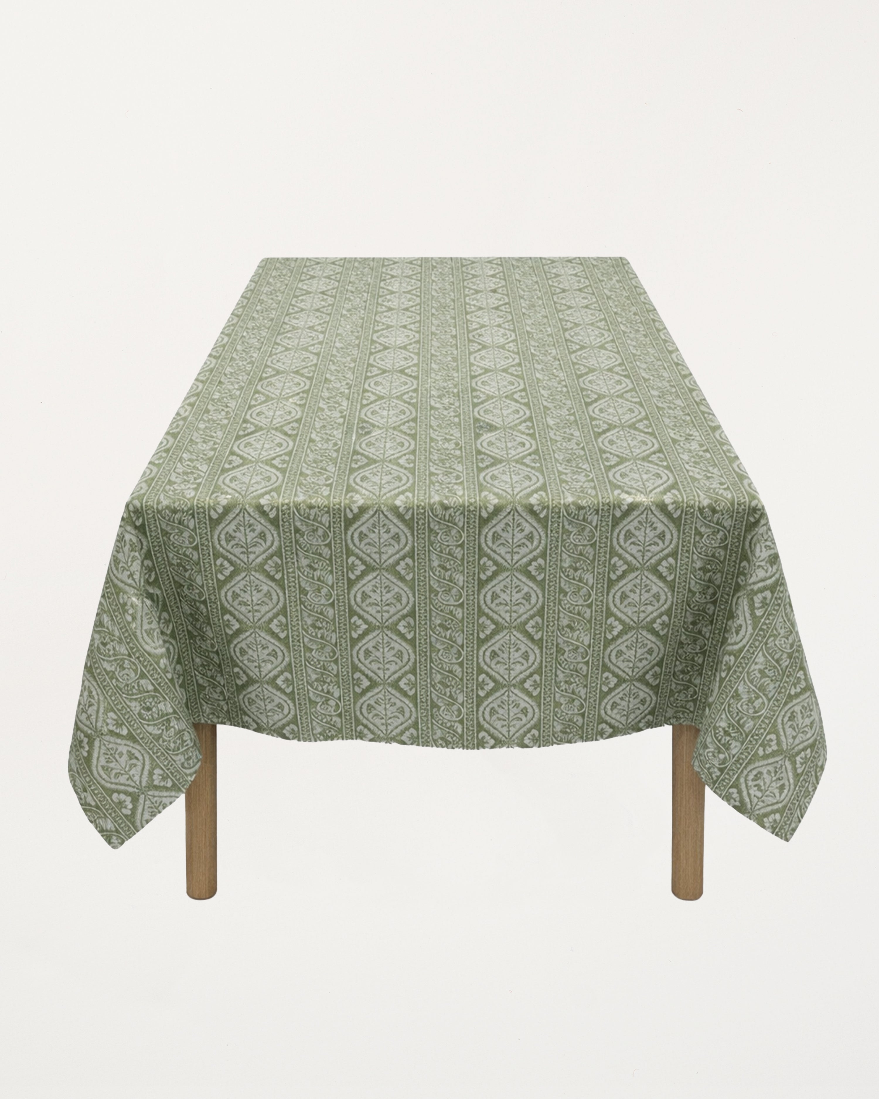 Linen Hand Printed Tablecloth Folk Stripe Green