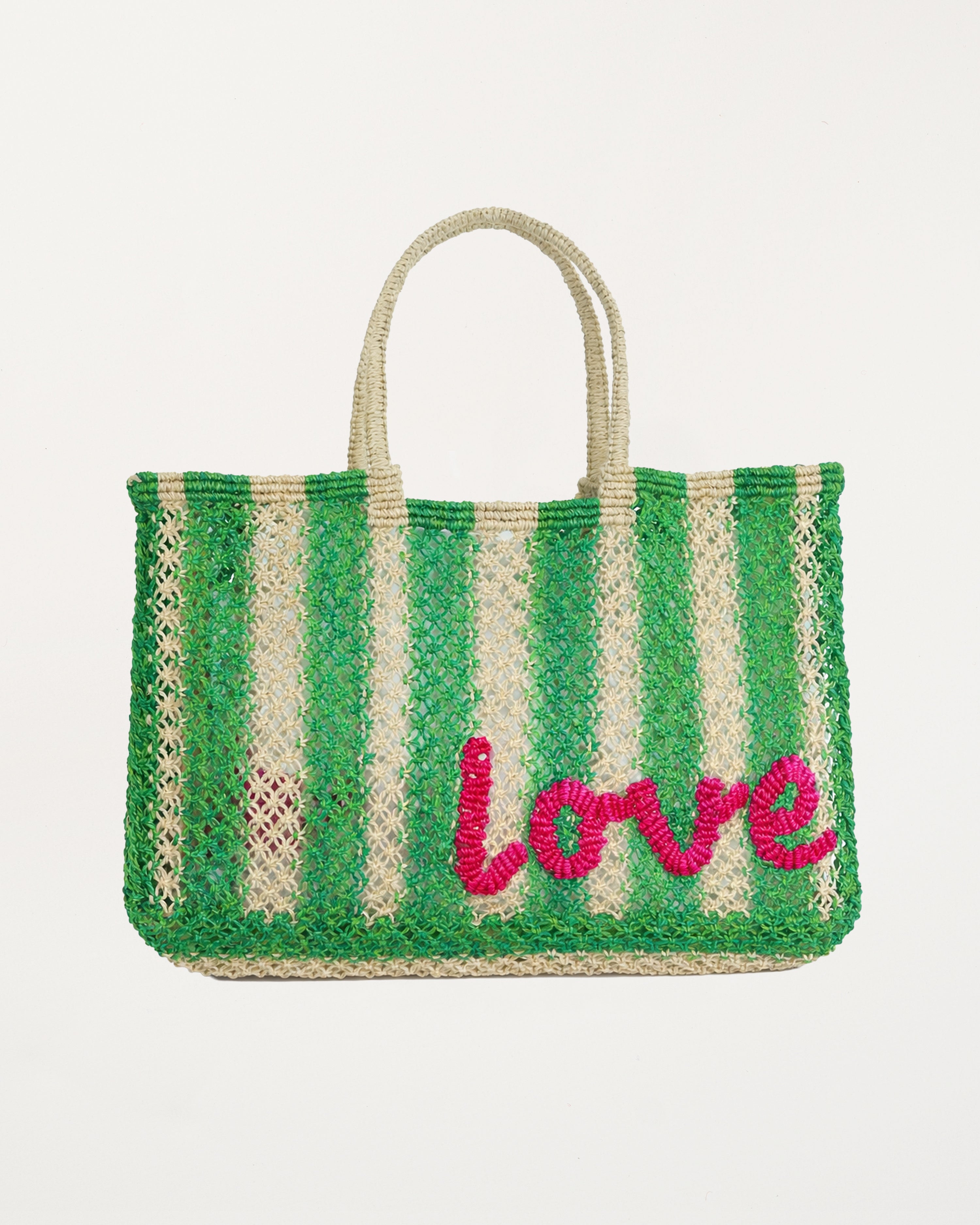 Striped green and beige handbag with 'love' text on a white background