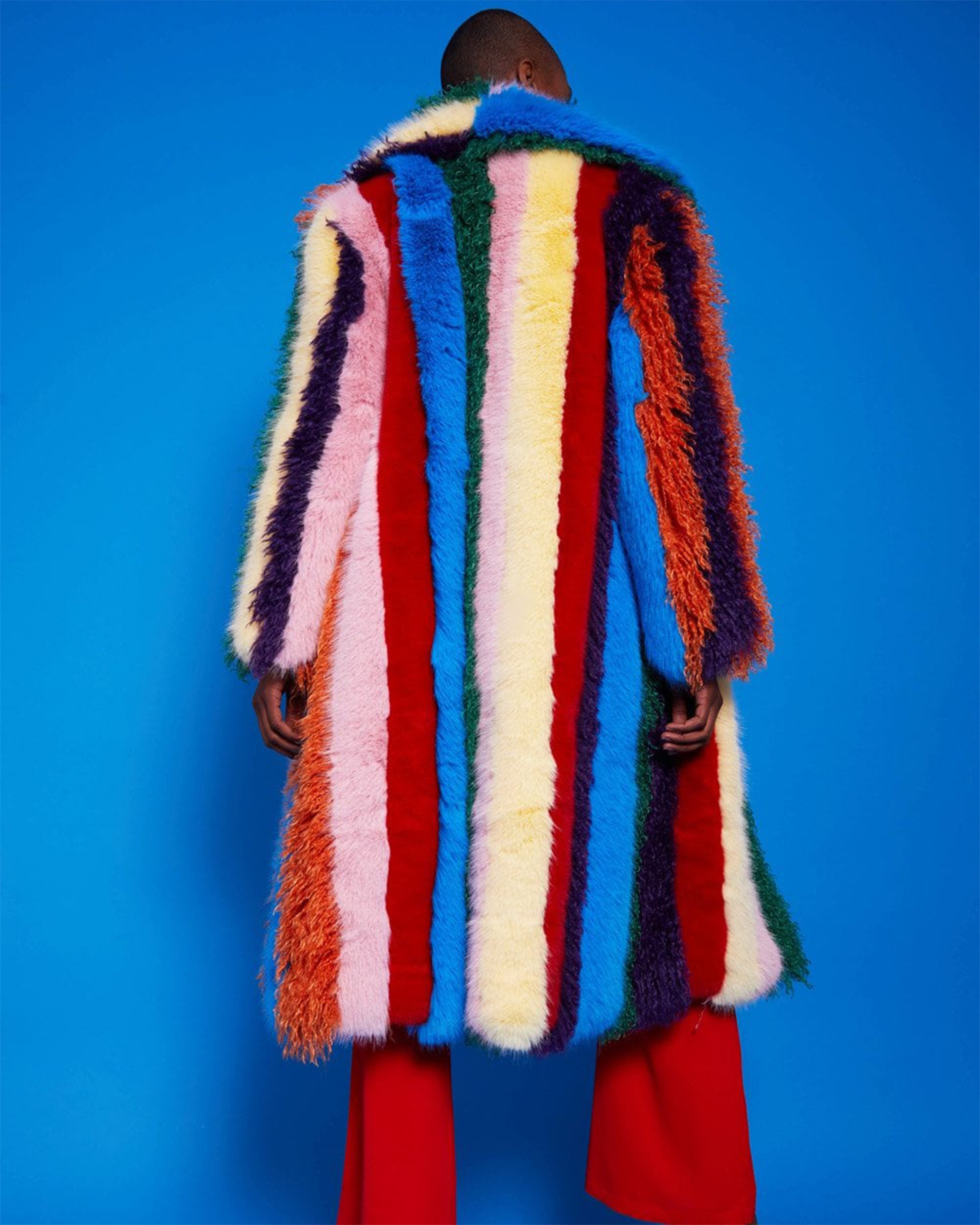 Multi Coloured Striped Shaggy Long Coat S/M