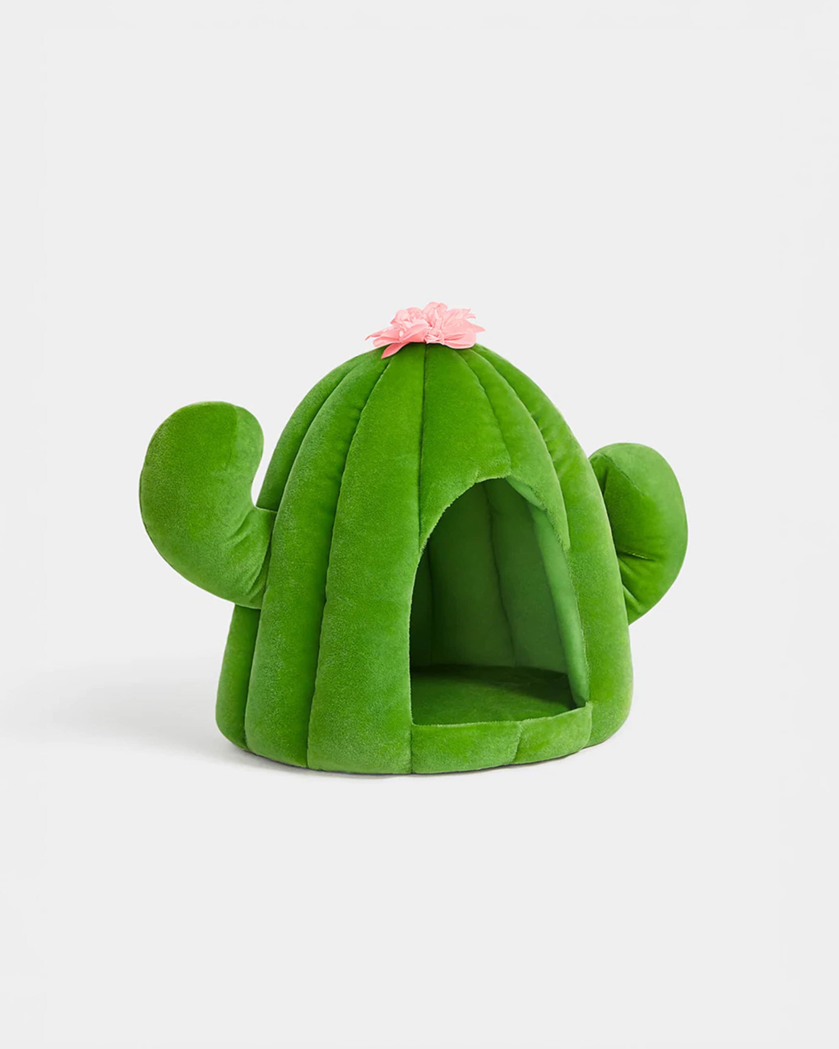 Green cactus-shaped pet bed with a pink flower on a white background