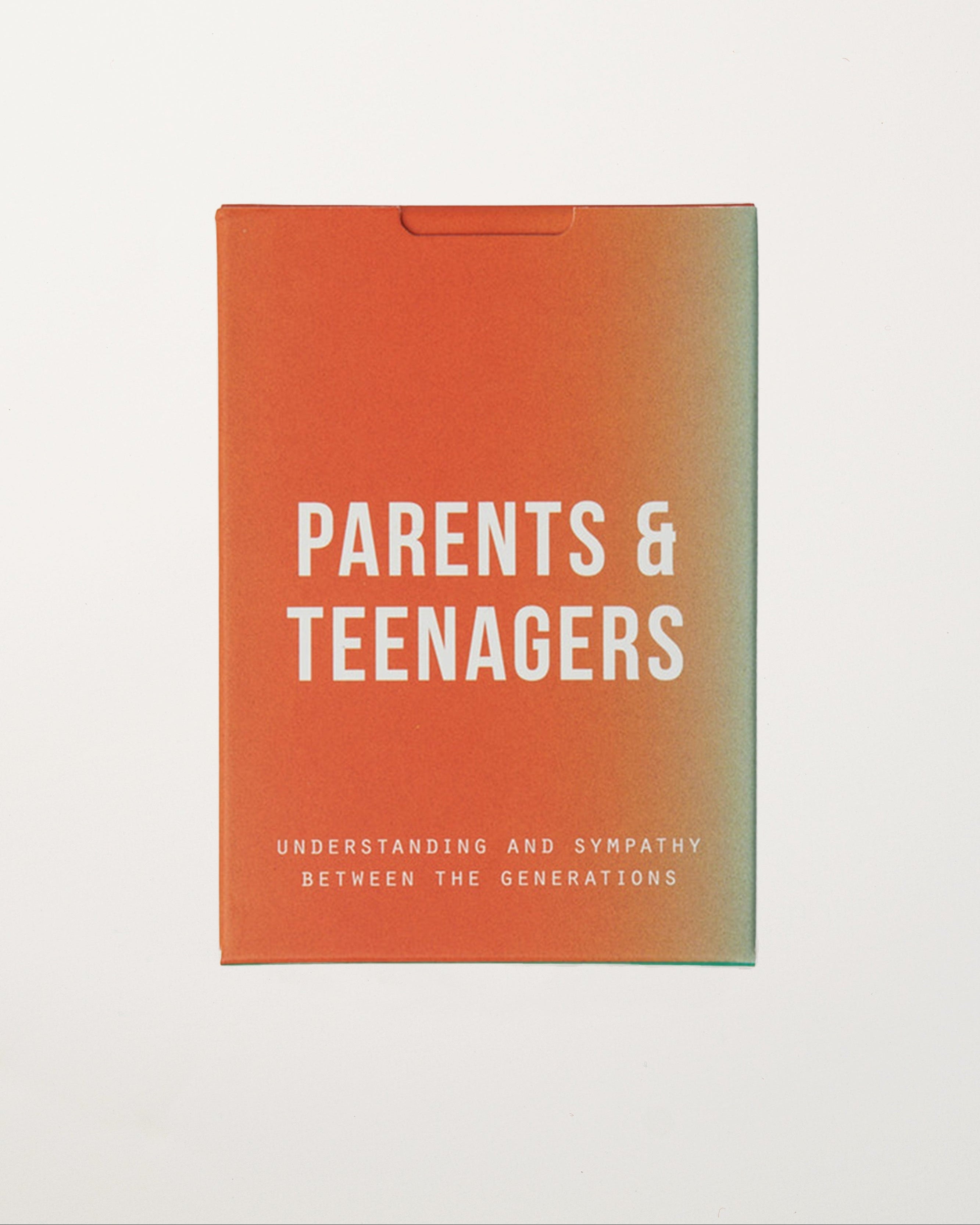 A deck of cards with a colorful gradient background and the text 'PARENTS & TEENAGERS' along with a subtitle 'Understanding and Sympathy between the Generations' printed on it.