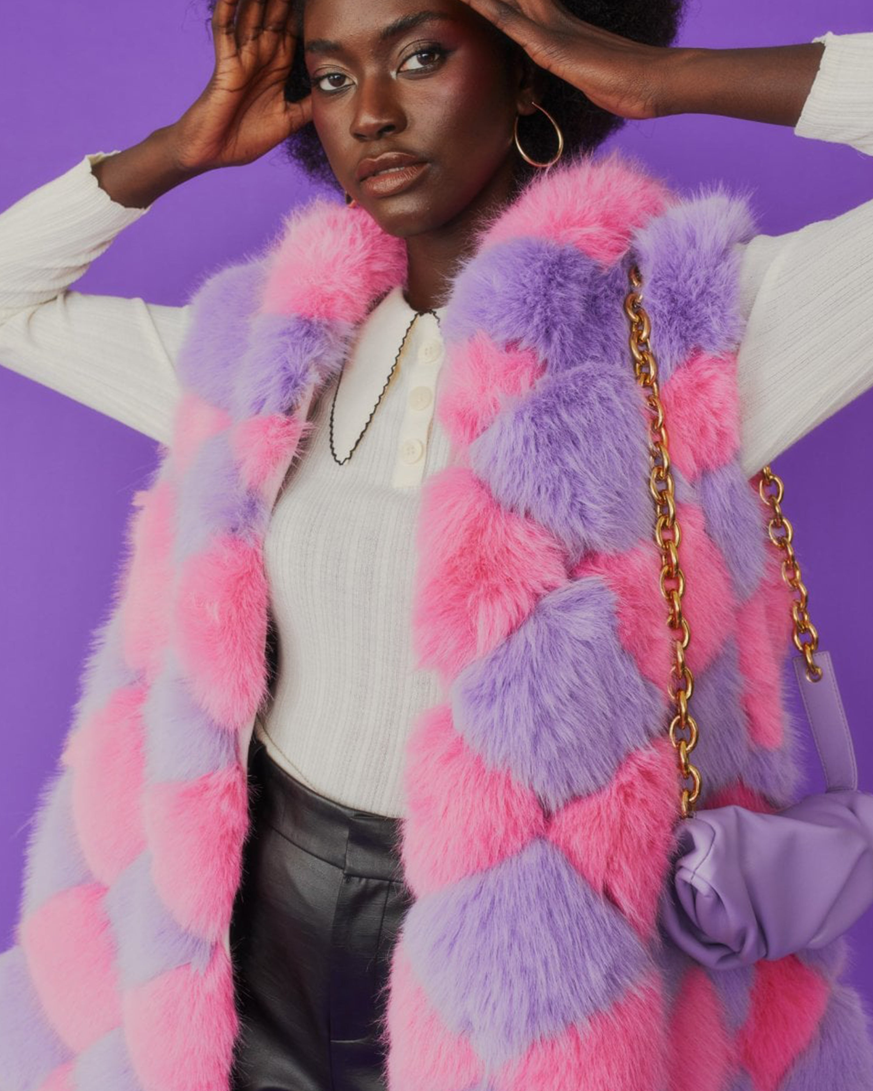 Pink and Purple Faux Fur Block Gilet With Hood