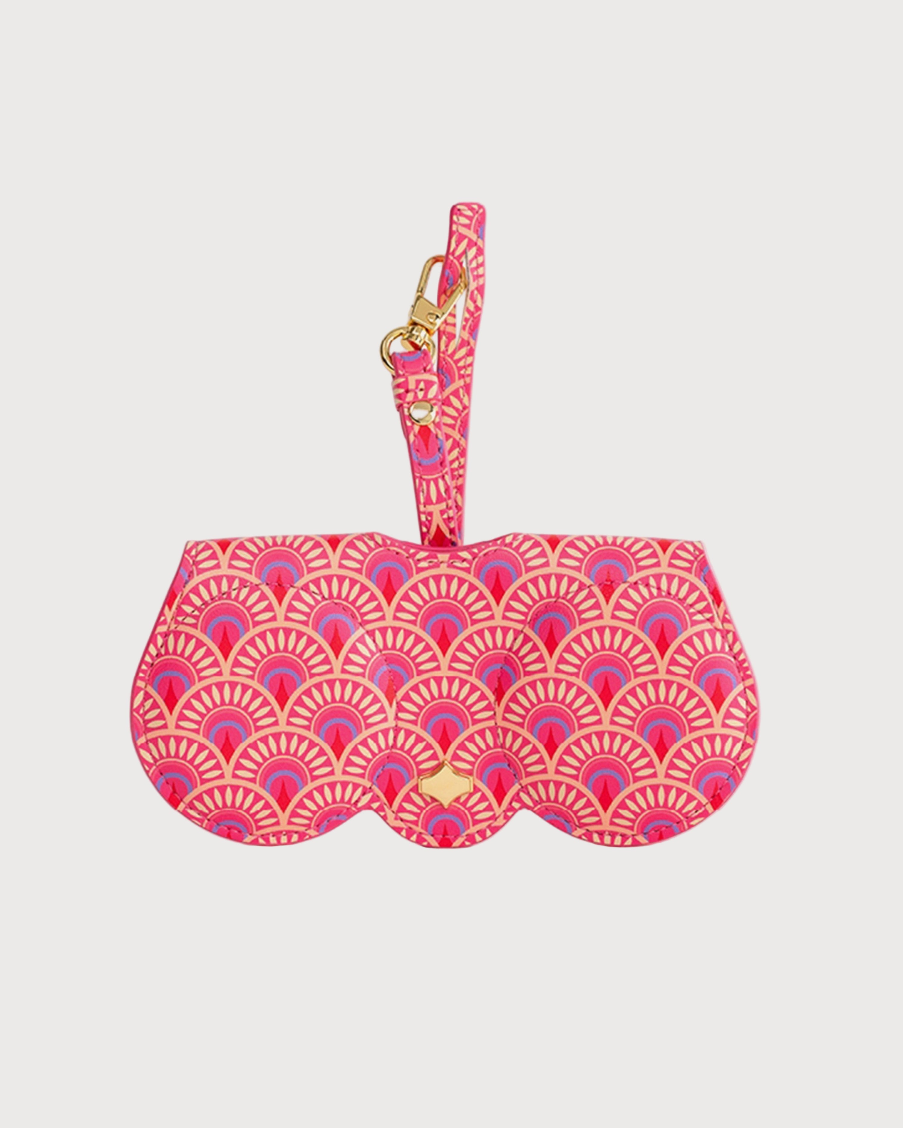 Aurora SunCover sunglasses case with floral silk-print pattern in red, orange and pink, round-edge shape and gold-plated hardware
