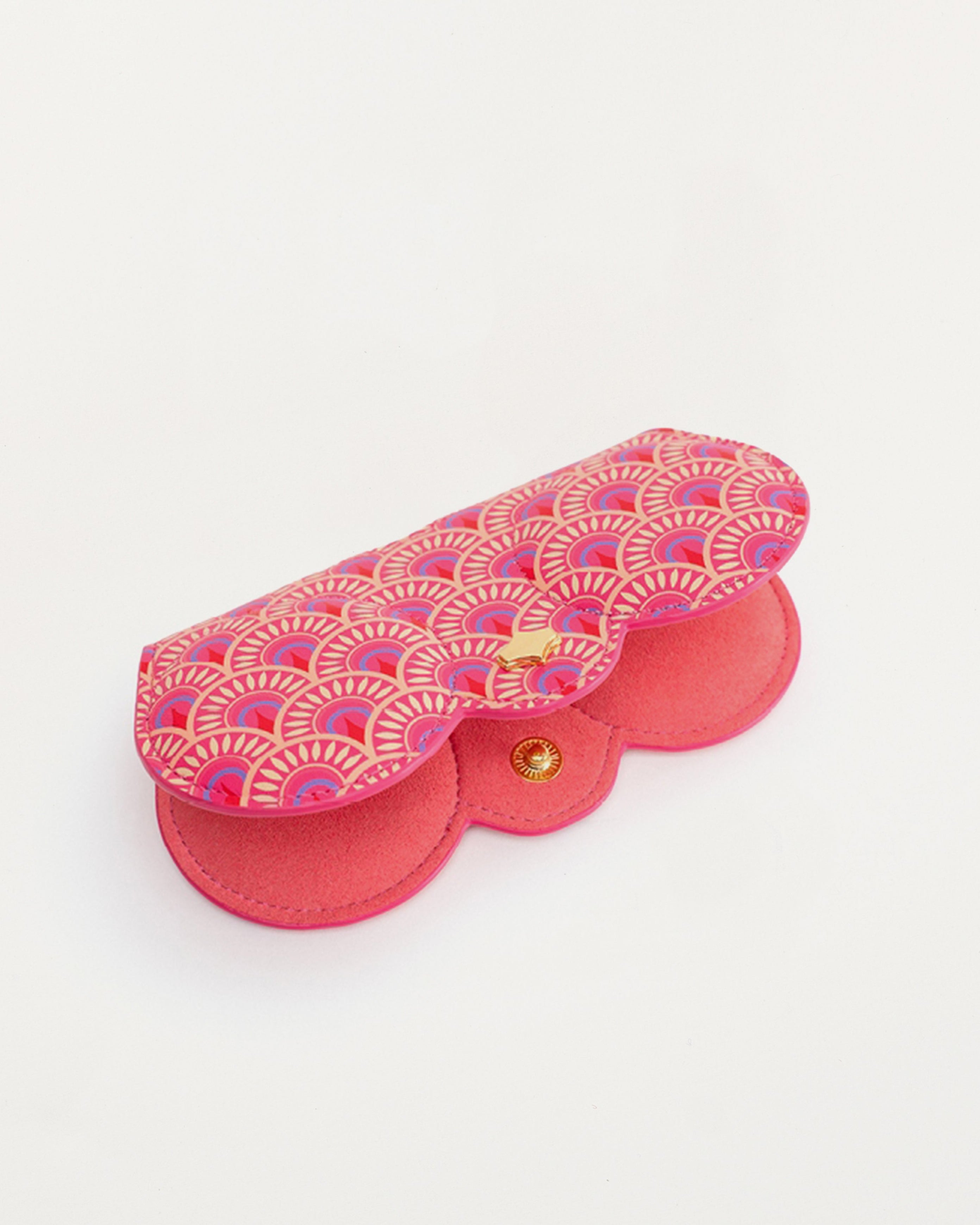 Aurora SunCover sunglasses case with floral silk-print pattern in red, orange and pink, round-edge shape and gold-plated hardware
