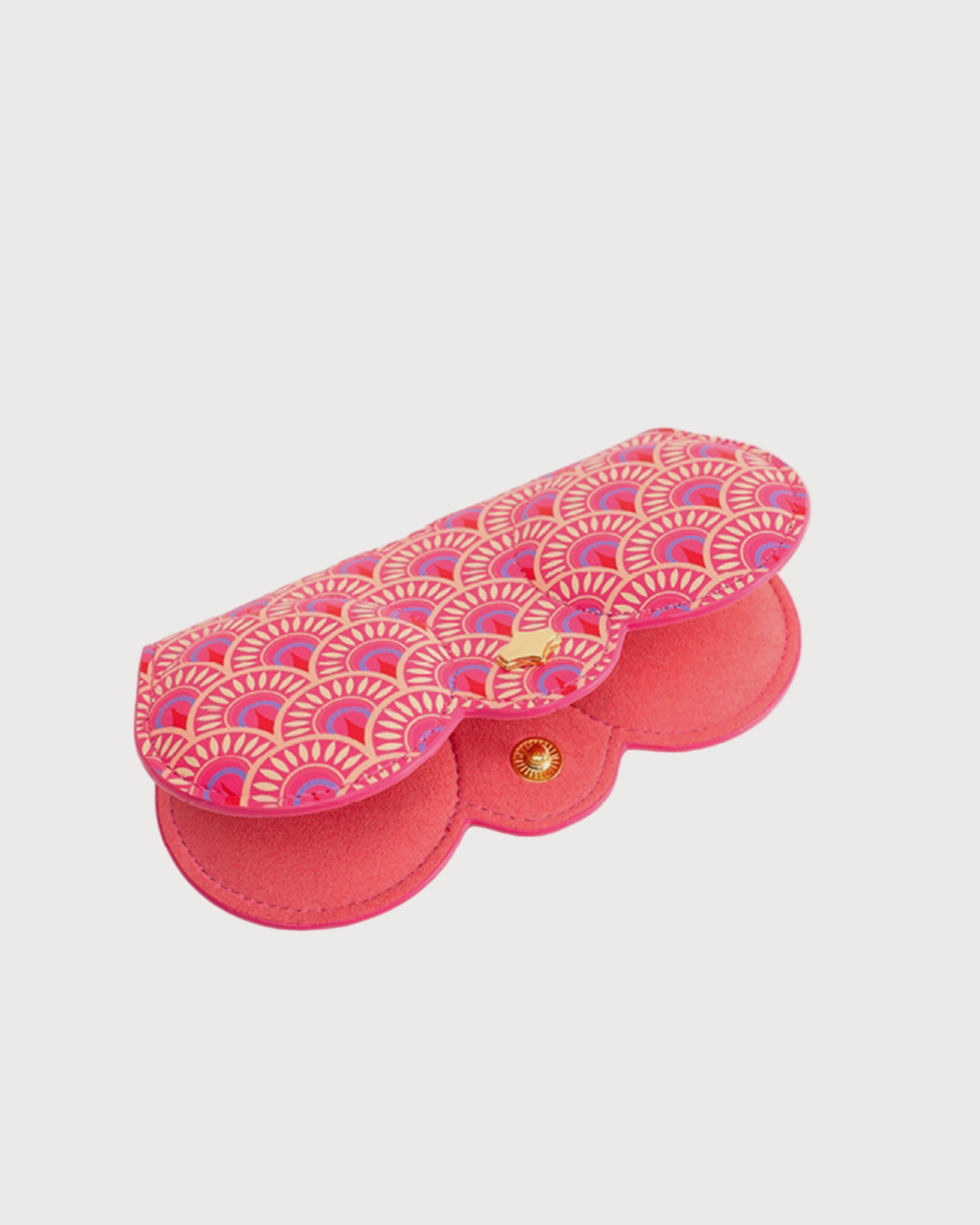 Aurora SunCover sunglasses case with floral silk-print pattern in red, orange and pink, round-edge shape and gold-plated hardware
