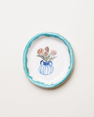 Small Dish with Turquoise Trim & Red Flowers