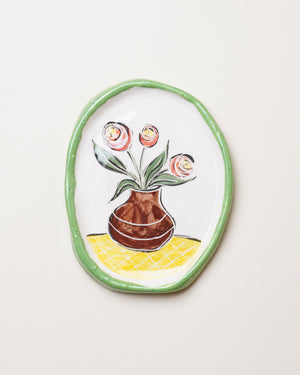Medium Dish with Green Trim & Red Flowers
