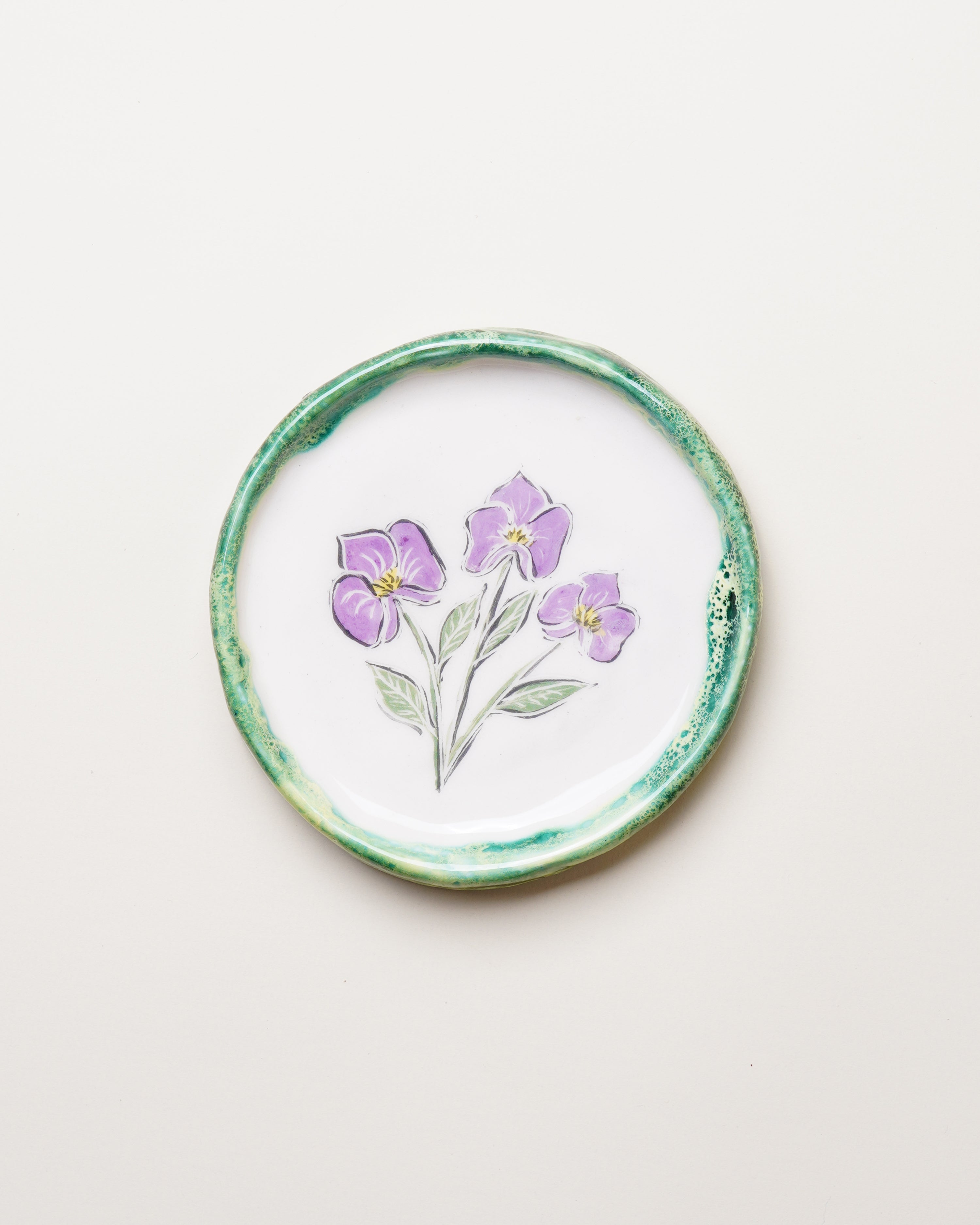 Medium Dish with Green Trim & Purple Flowers