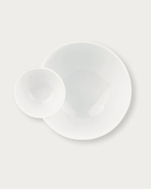Two white ceramic plates on a light gray background