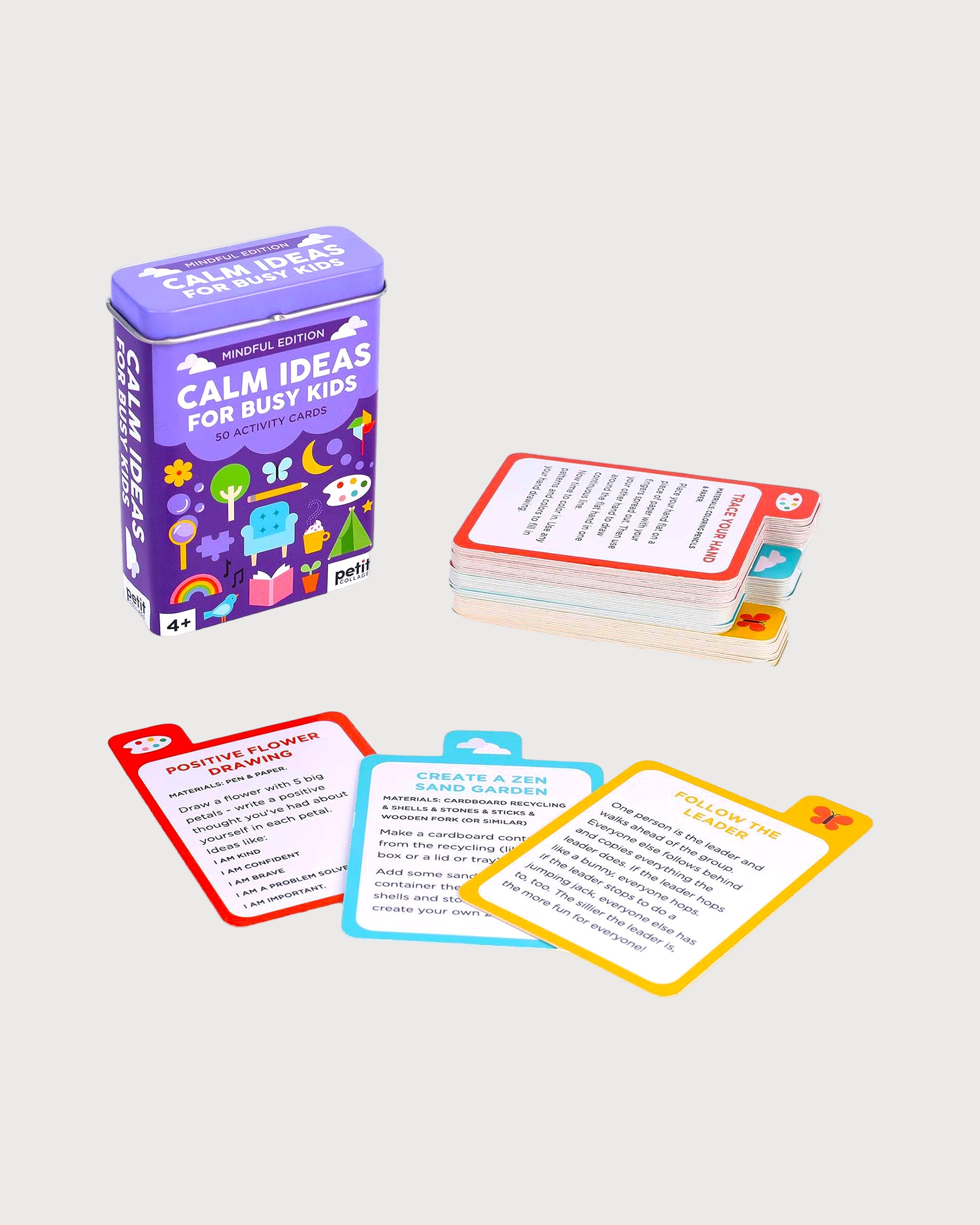 Card game set with 'Calm Ideas for Busy Kids' packaging on a white background