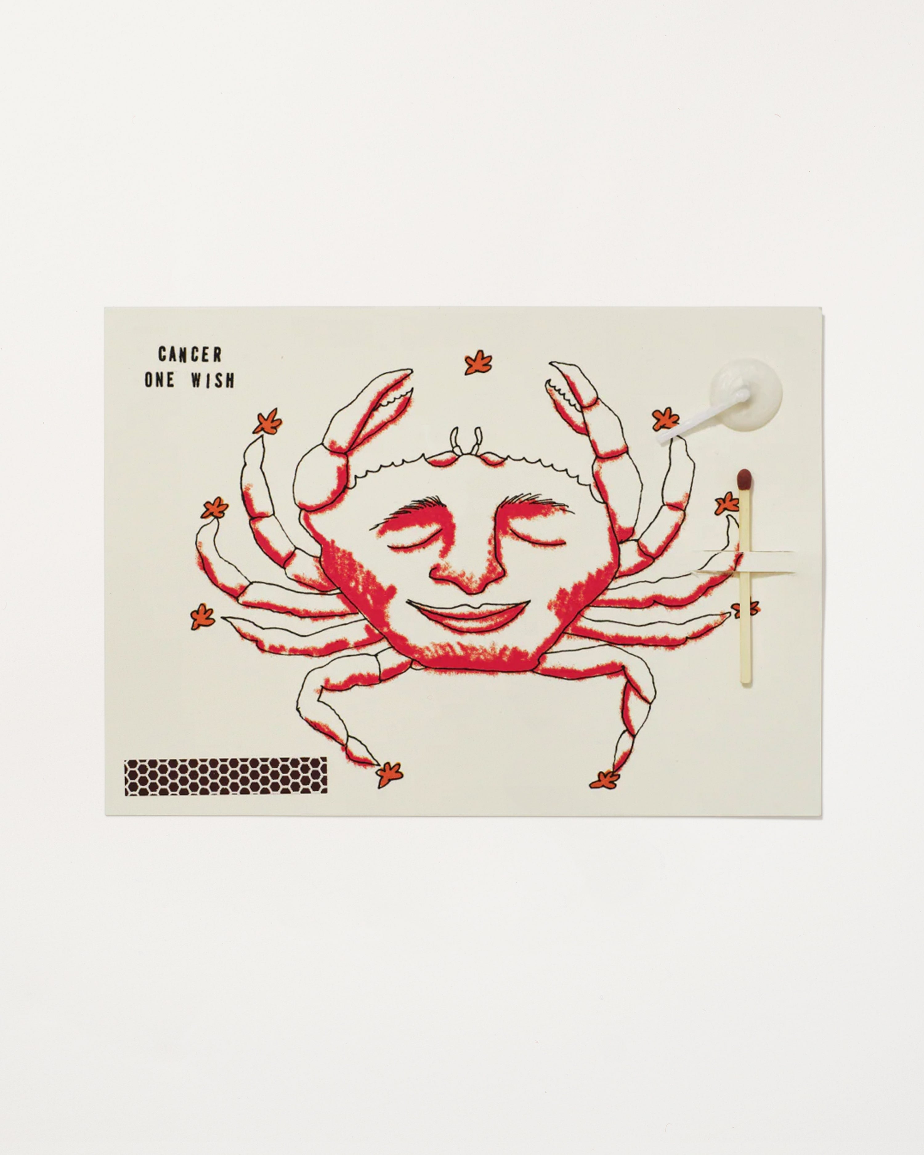 Cancer Zodiac Wish Card with illustration of a smiling crab and text on a white background, containing a match, strike pad and candlewick