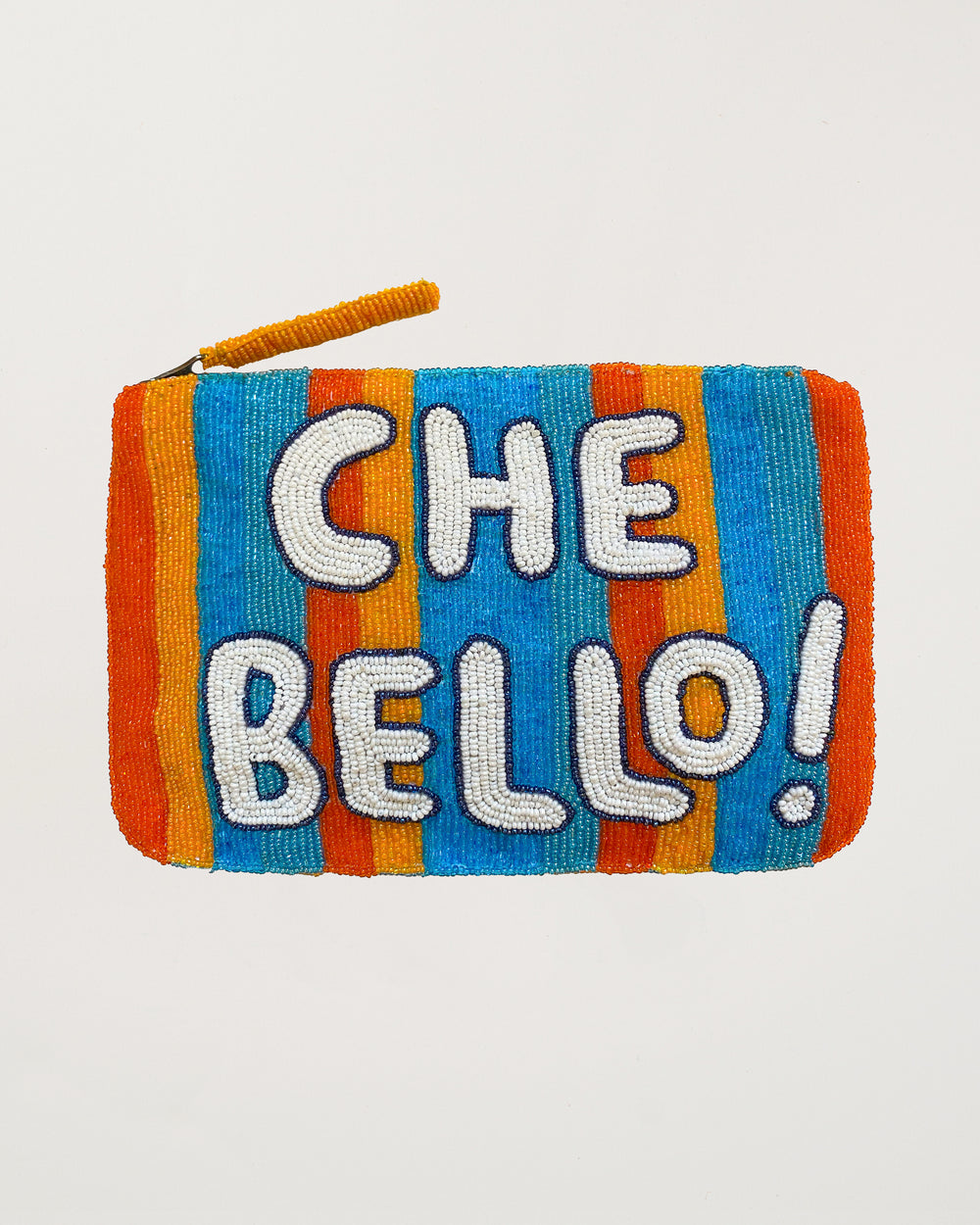 A handcrafted beaded clutch with blue, orange, and yellow stripes and the text 'CHE BELLO!' in white.