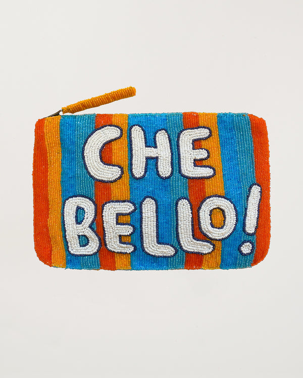 A handcrafted beaded clutch with blue, orange, and yellow stripes and the text 'CHE BELLO!' in white.