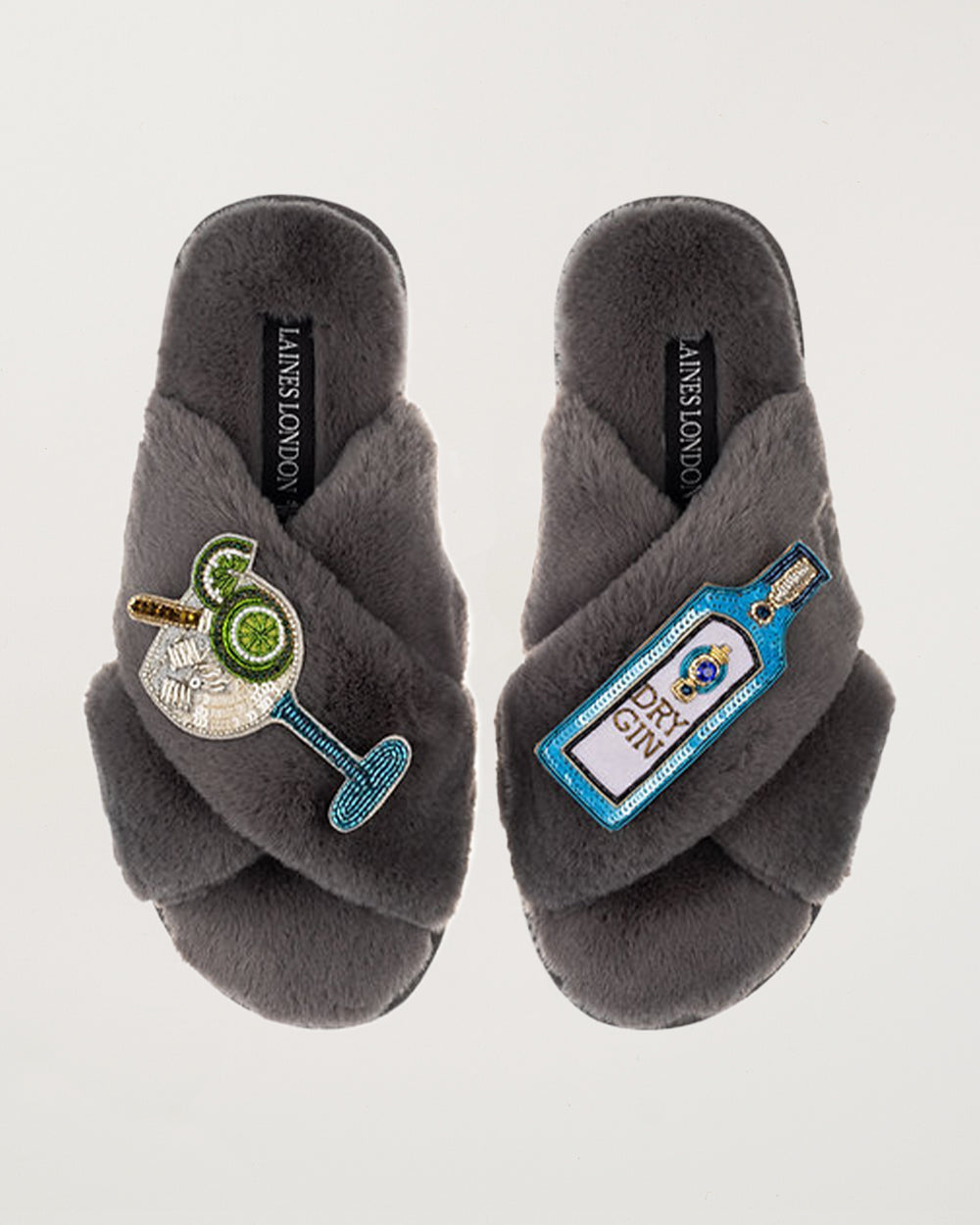 Classic Slippers With Sapphire Gin & Glass Brooches Grey