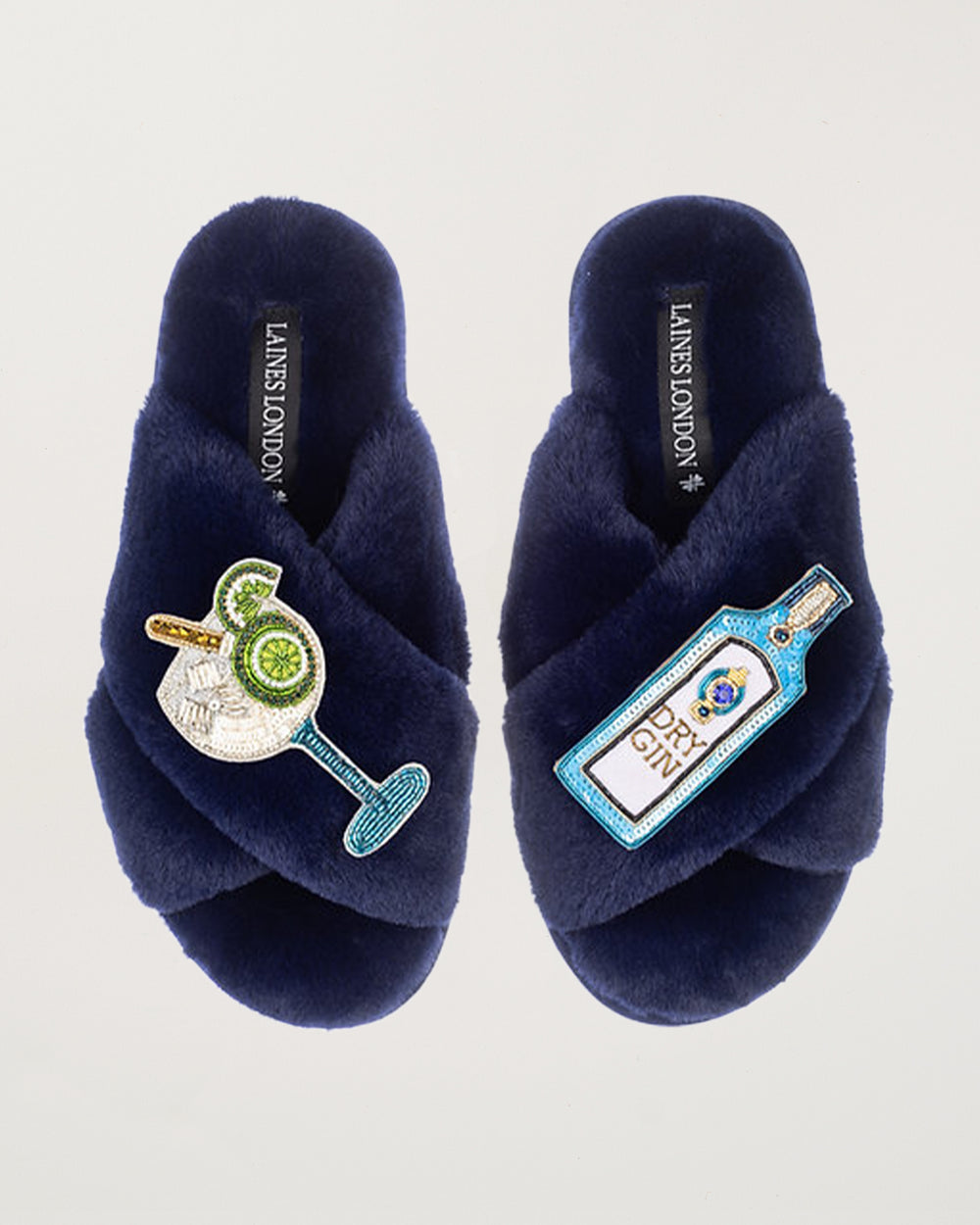 Classic Slippers With Sapphire Gin & Glass Brooches Navy