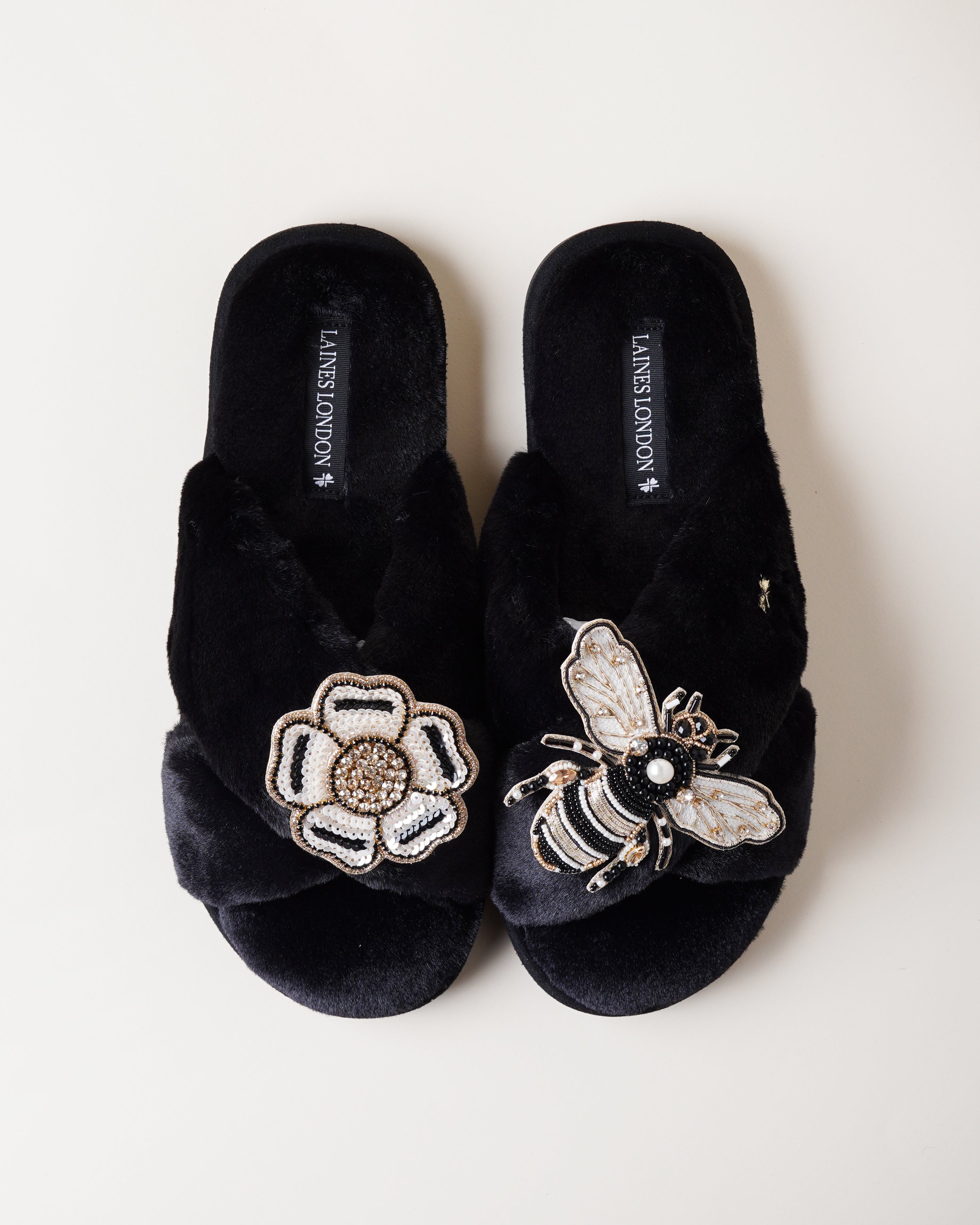 Classic Slippers With Bee & Flower Brooches Black