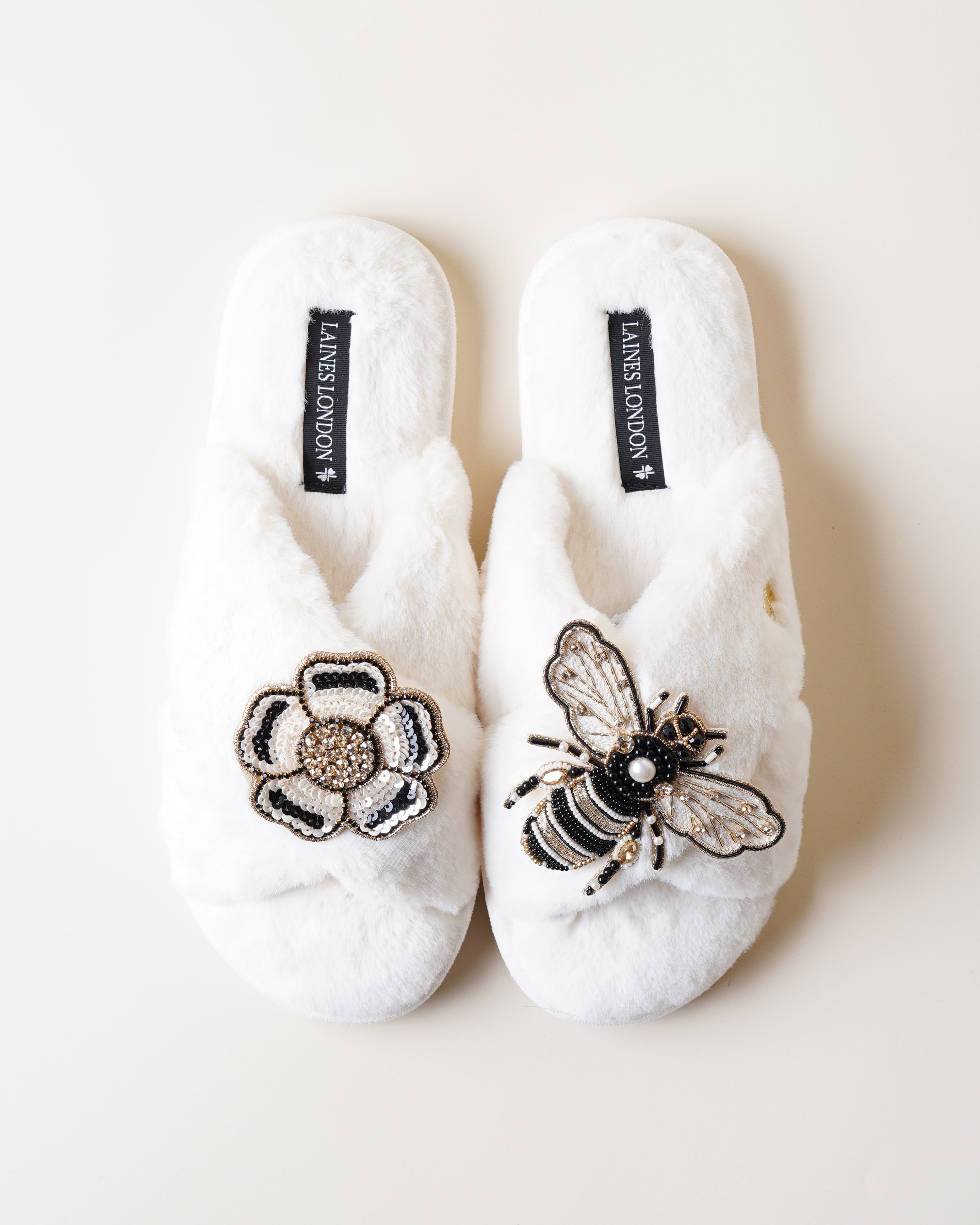 Classic Slippers With Bee & Flower Brooches Cream