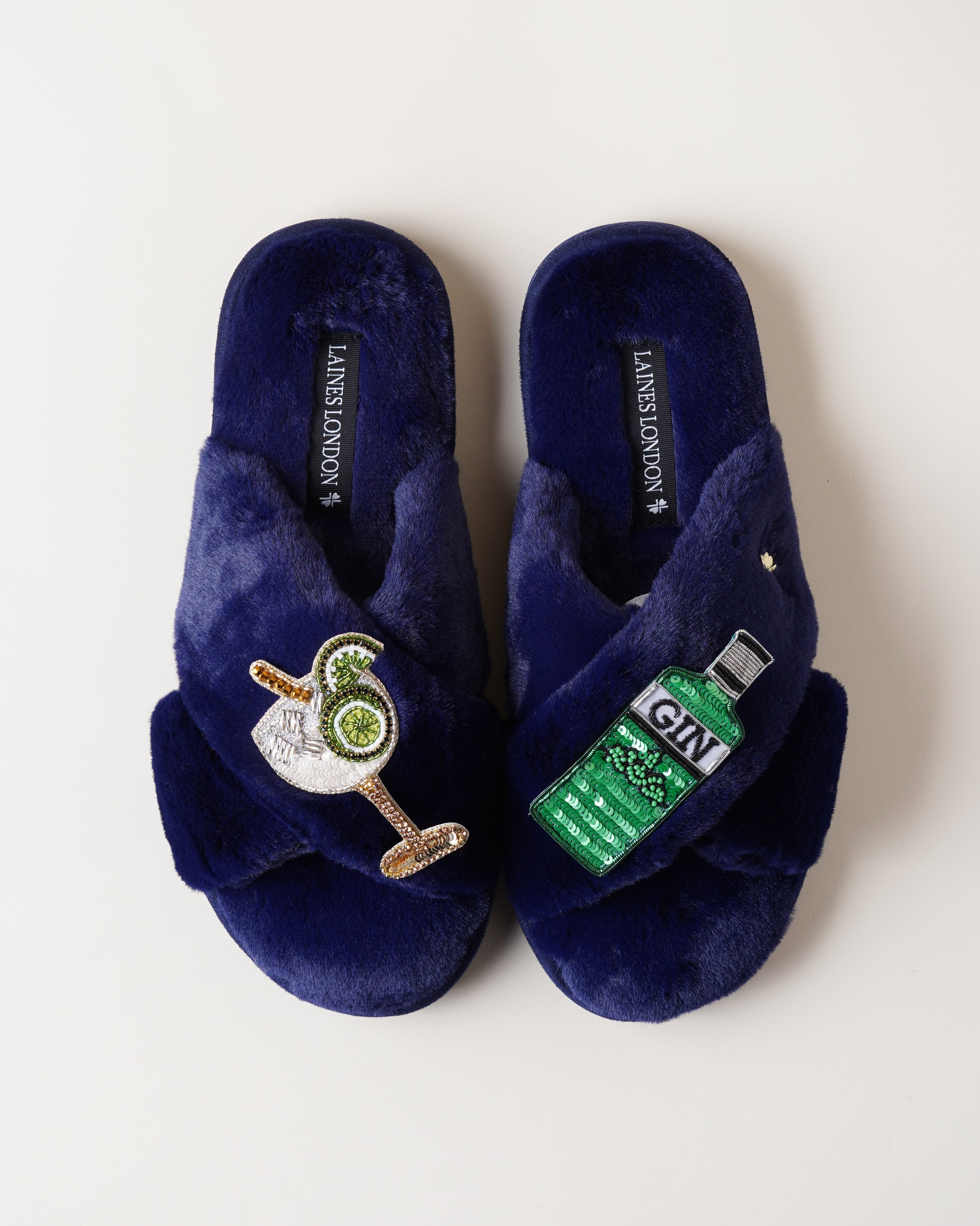 Classic Slippers With Botanical Gin & Glass Brooches Navy