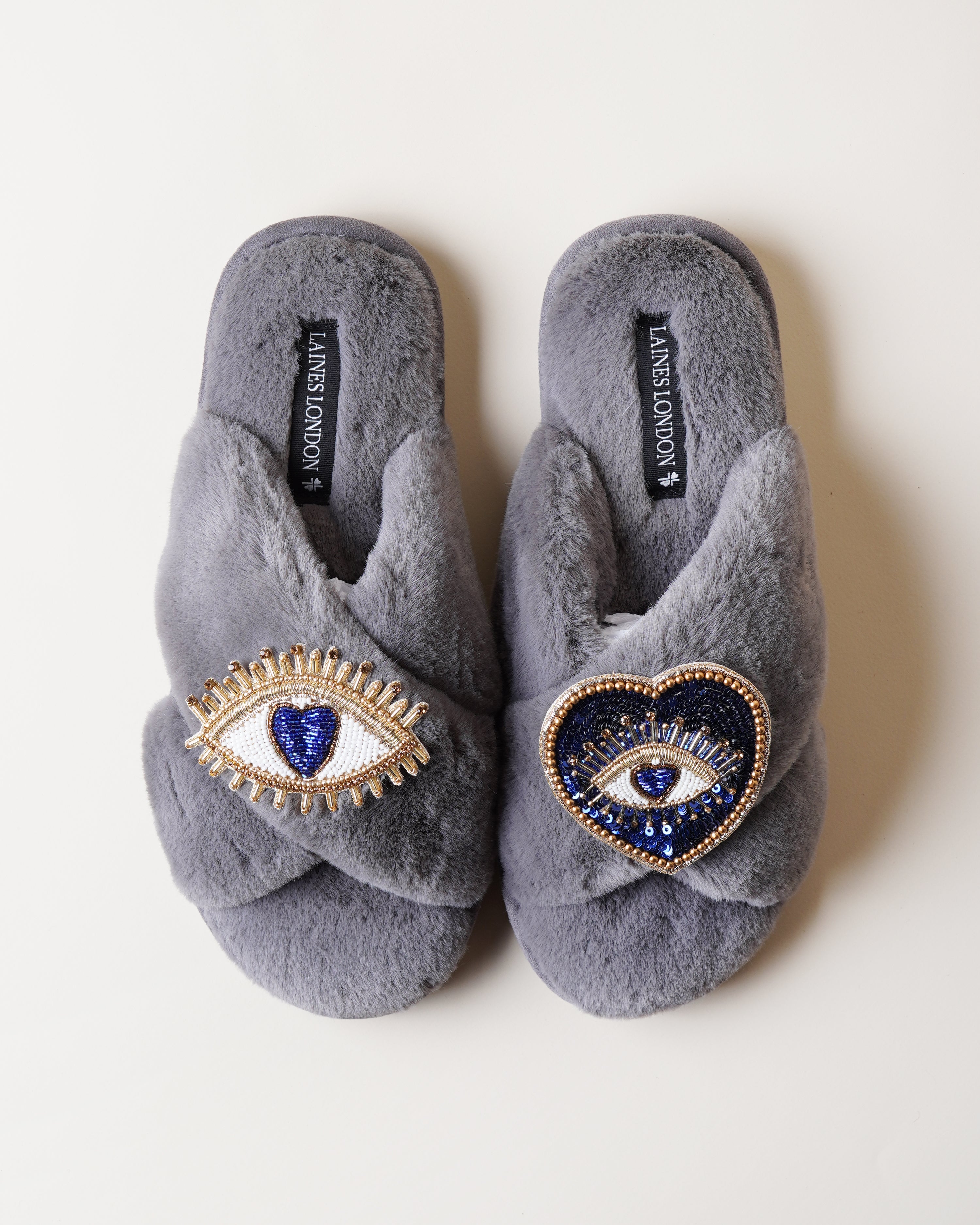 Classic Slippers With Double Blue Heart & Love Eye Brooches Grey