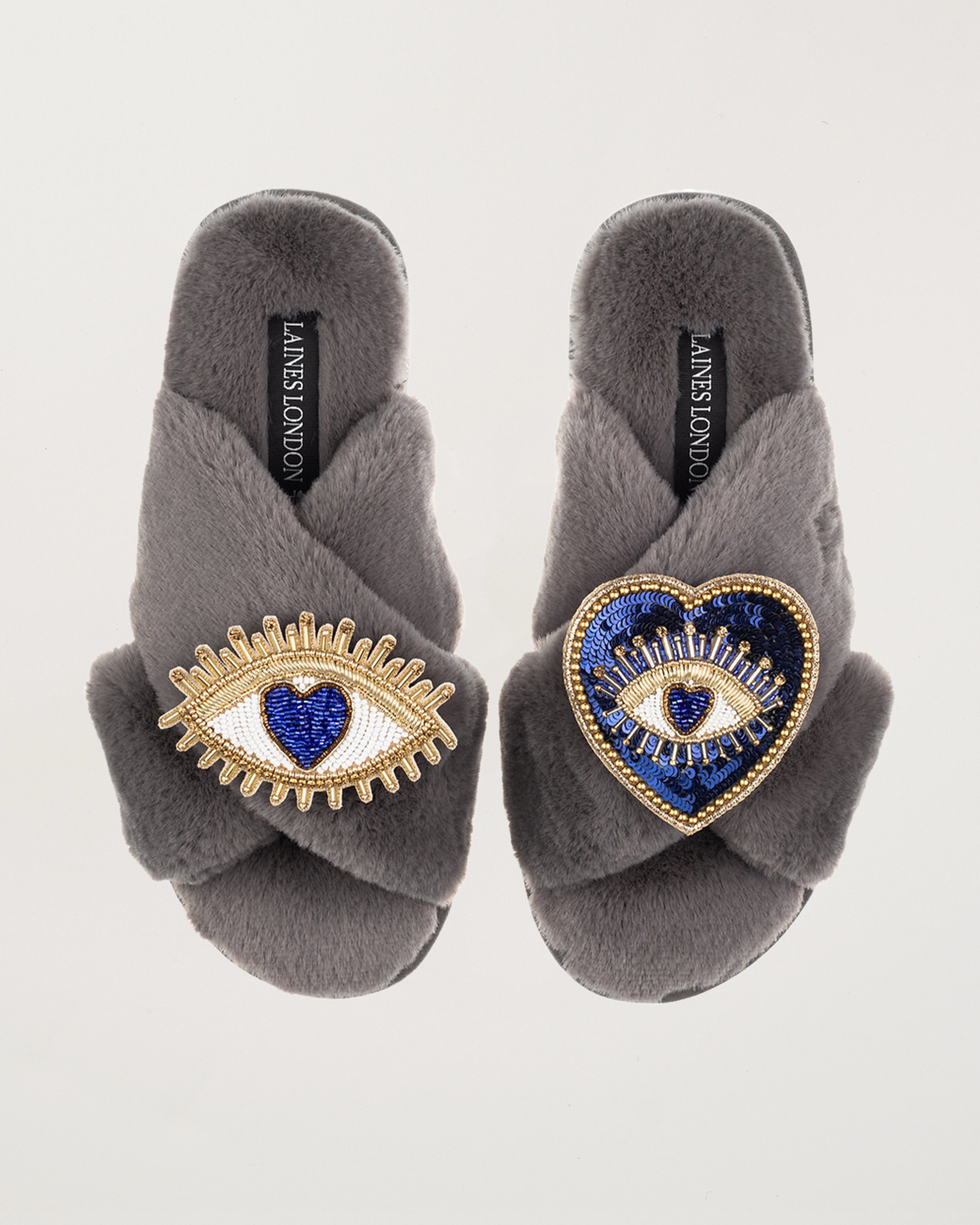 Classic Slippers With Double Blue Heart & Love Eye Brooches Grey