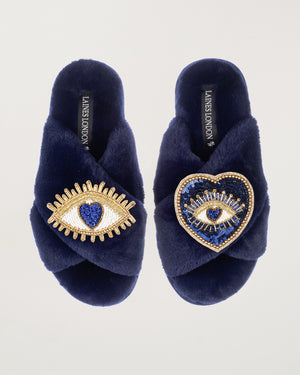 Classic Slippers With Double Blue Heart & Love Eye Brooches Navy