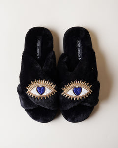 Classic Slippers With Double Blue Love Eye Brooches Black