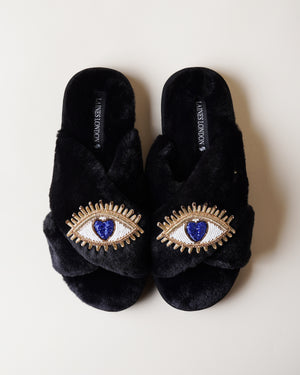 Classic Slippers With Double Blue Love Eye Brooches Black