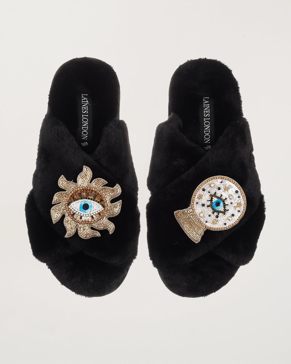 Classic Slippers With Double Mystic Eye Brooches Black
