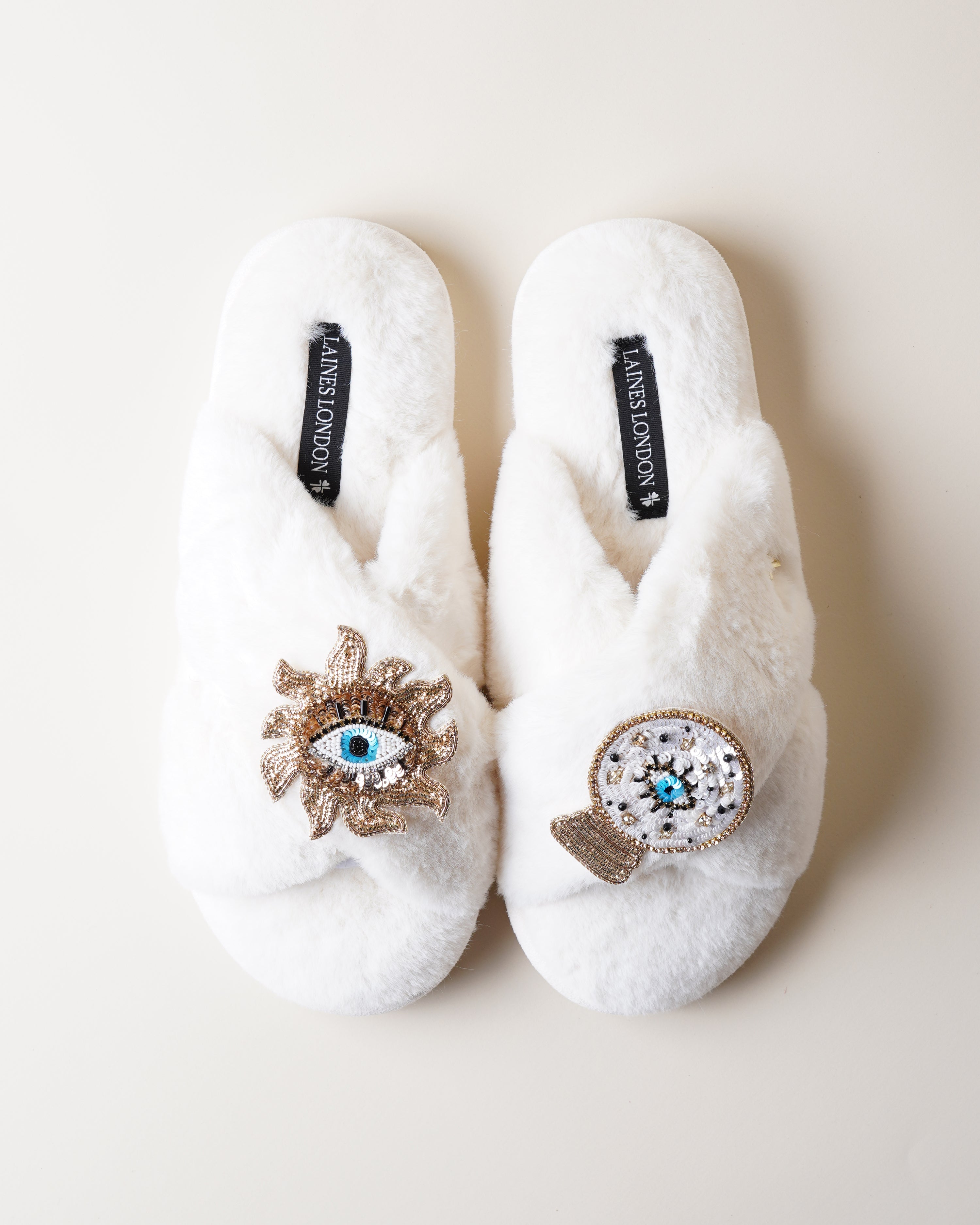 Classic Slippers With Double Mystic Eye Brooches Cream