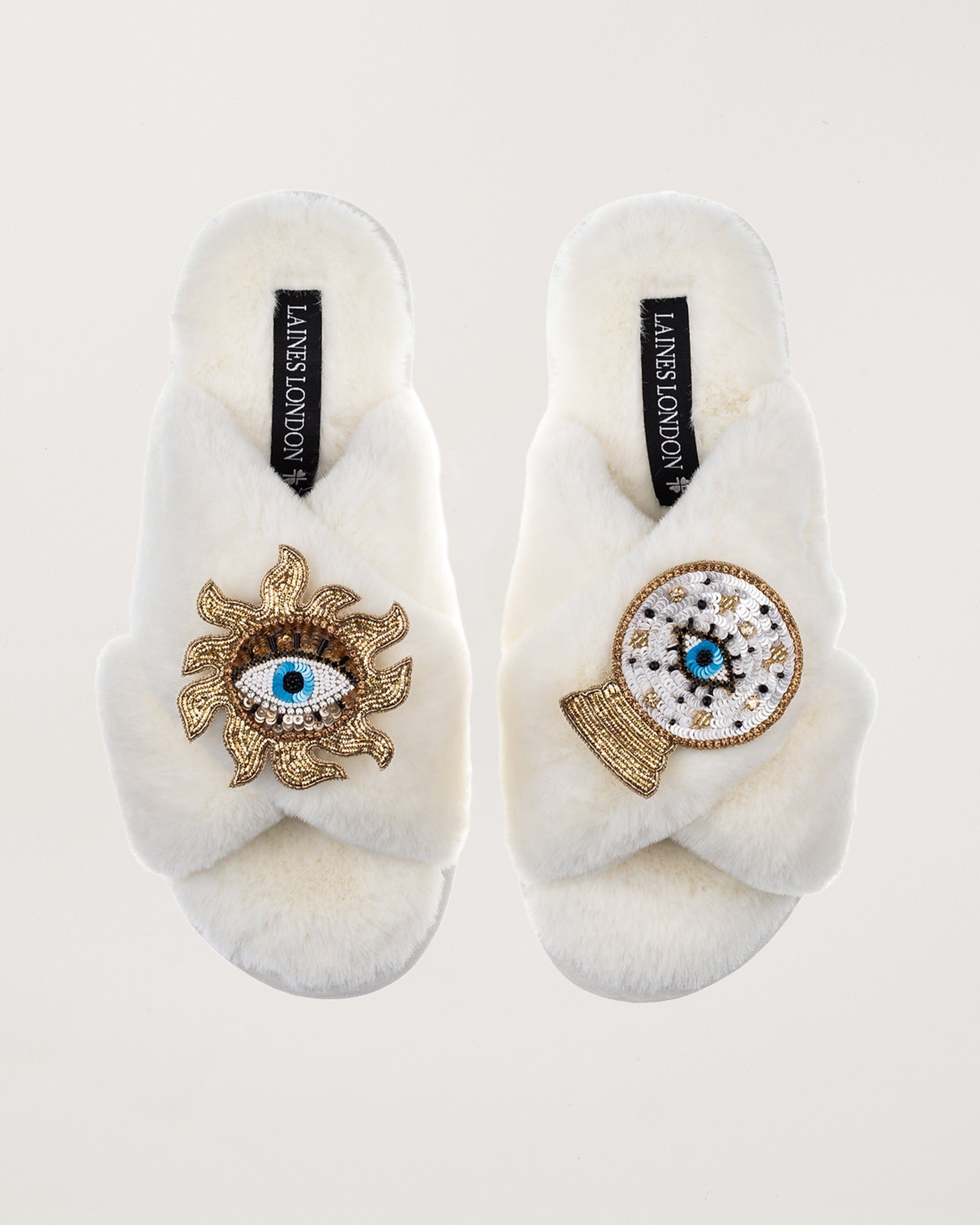 Classic Slippers With Double Mystic Eye Brooches Cream