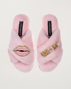 Classic Slippers With Pink Lipstick & Lips Brooches Pink