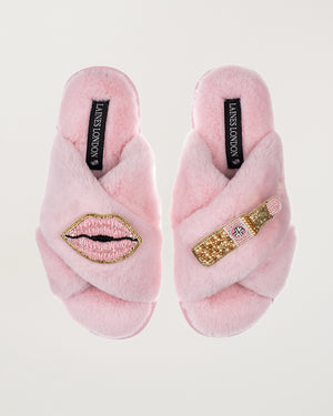Classic Slippers With Pink Lipstick & Lips Brooches Pink