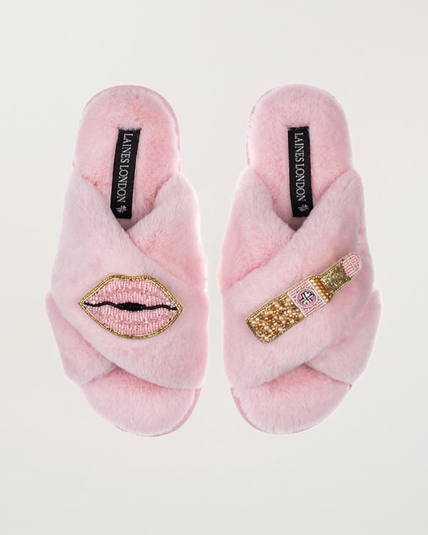 Classic Slippers With Pink Lipstick & Lips Brooches Pink