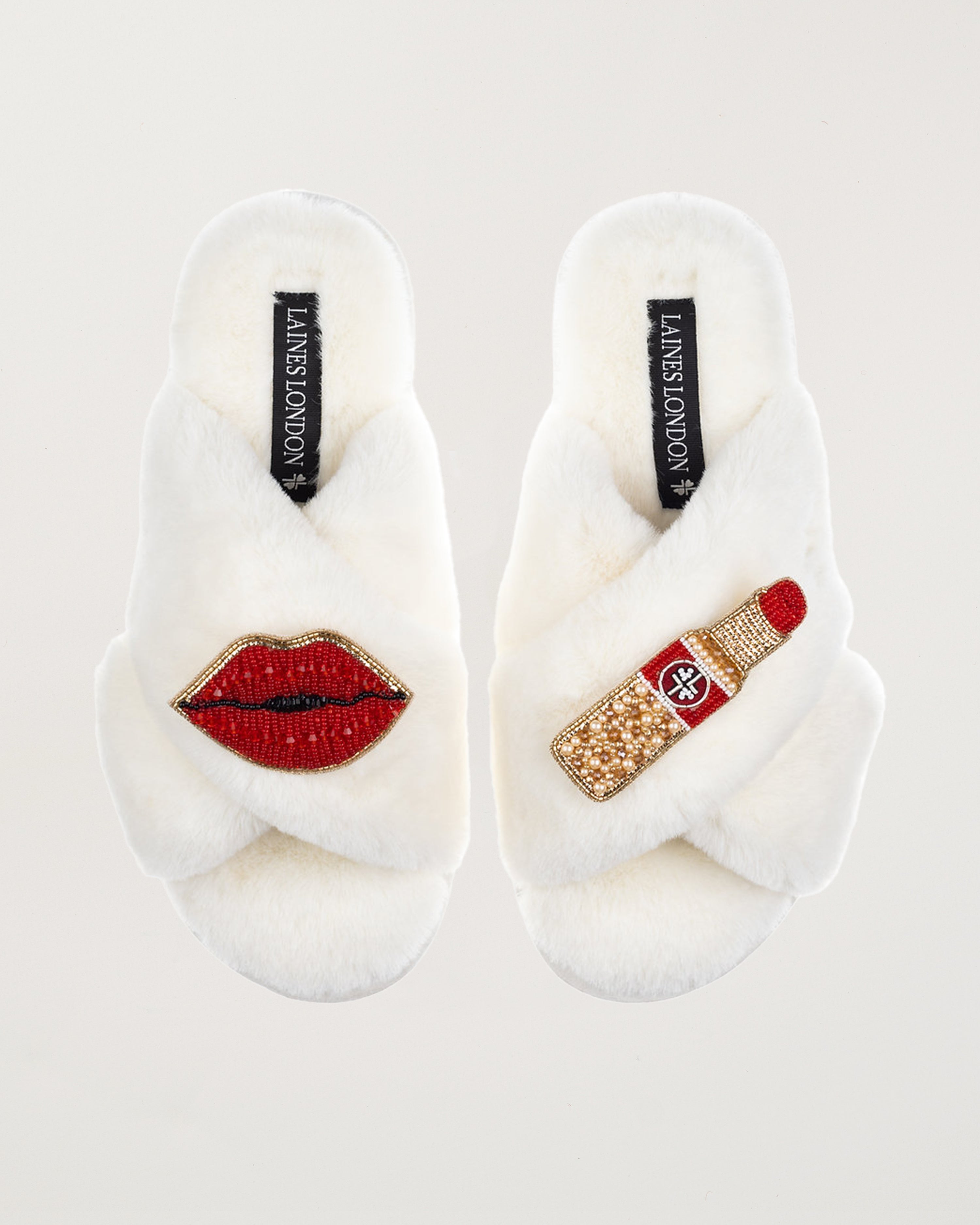 Classic Slippers With Red Lipstick & Lips Brooches Cream